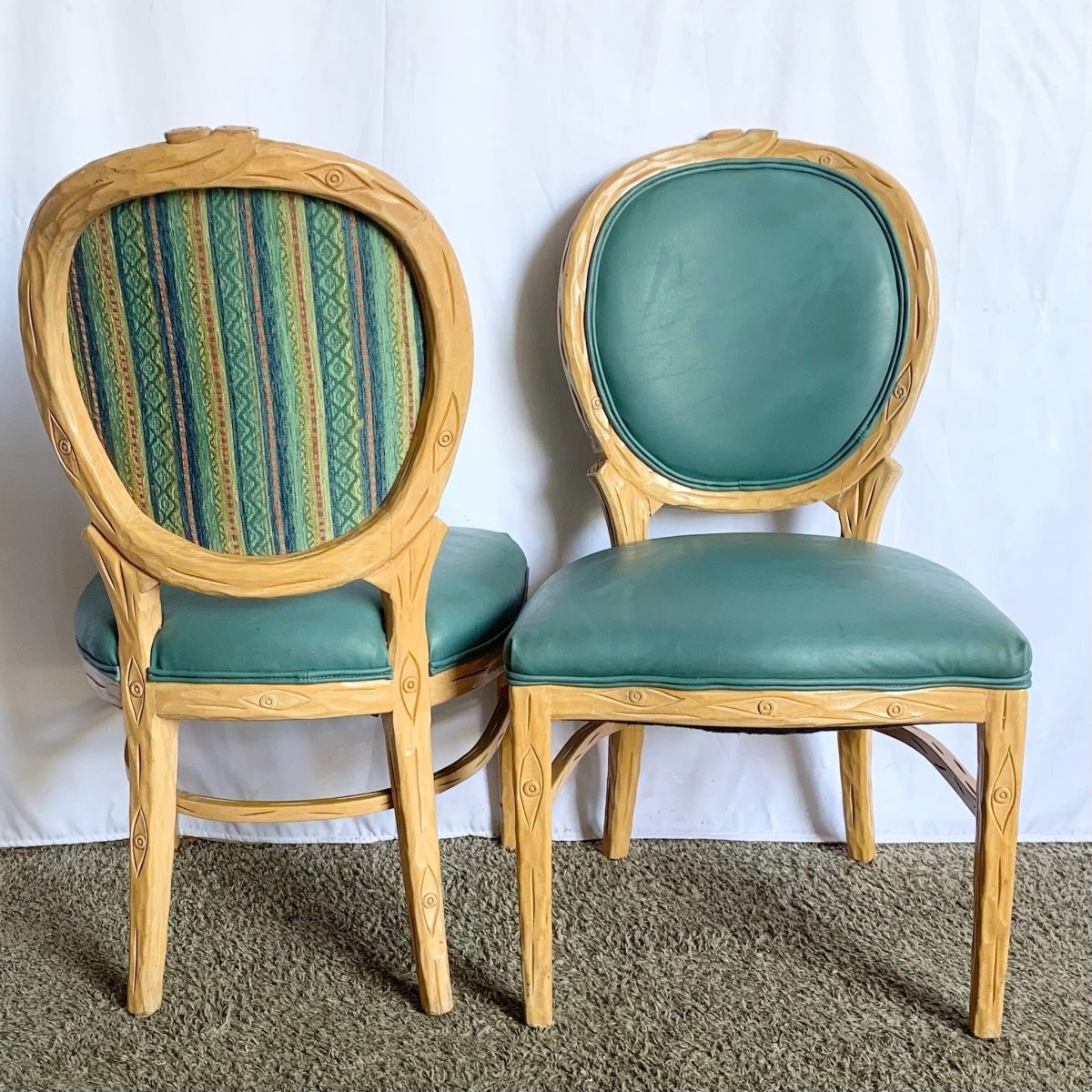 Vintage Faux Bois Wooden Dining Chair With Turquoise Vinyl - Set of 8 - Dolphin & Flamingo