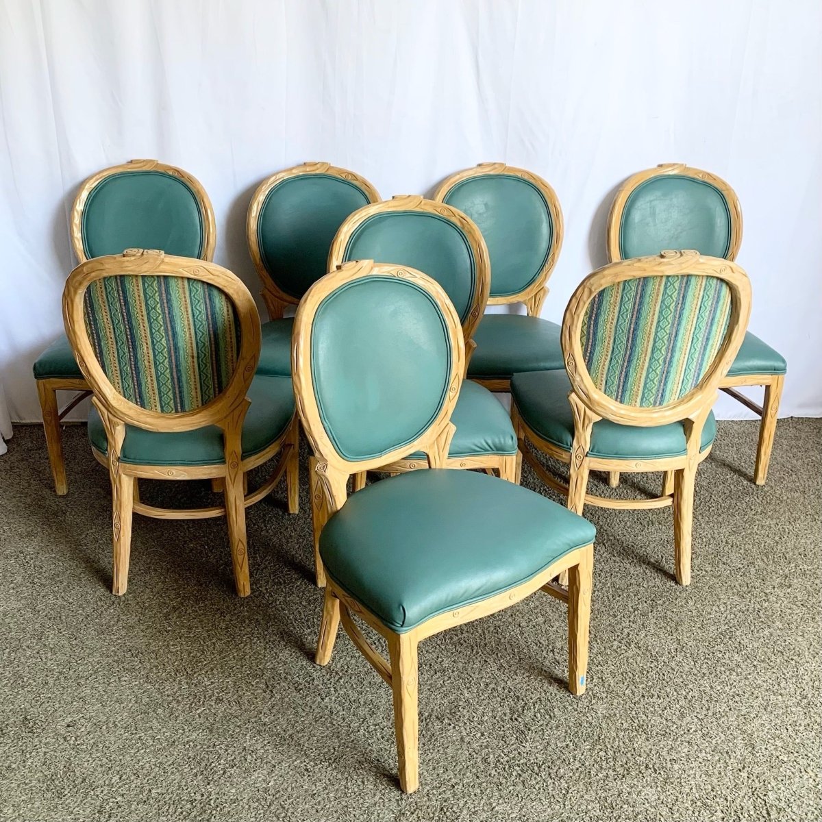 Vintage Faux Bois Wooden Dining Chair With Turquoise Vinyl - Set of 8 - Dolphin & Flamingo