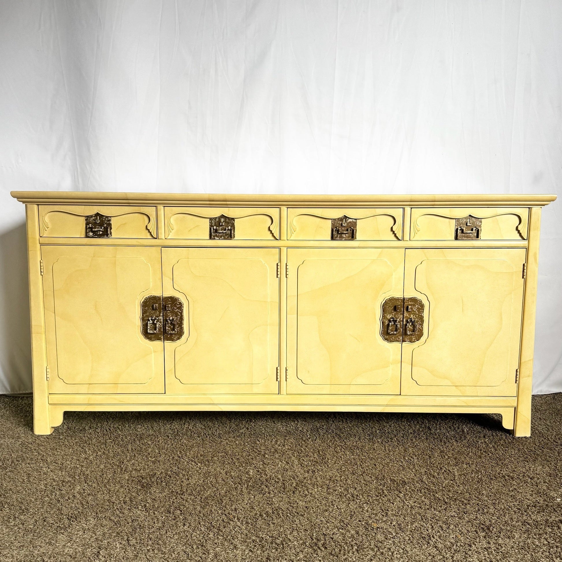 Vintage Folio Faux Goat Skin Lacquered Credenza by Henredon - Dolphin & Flamingo