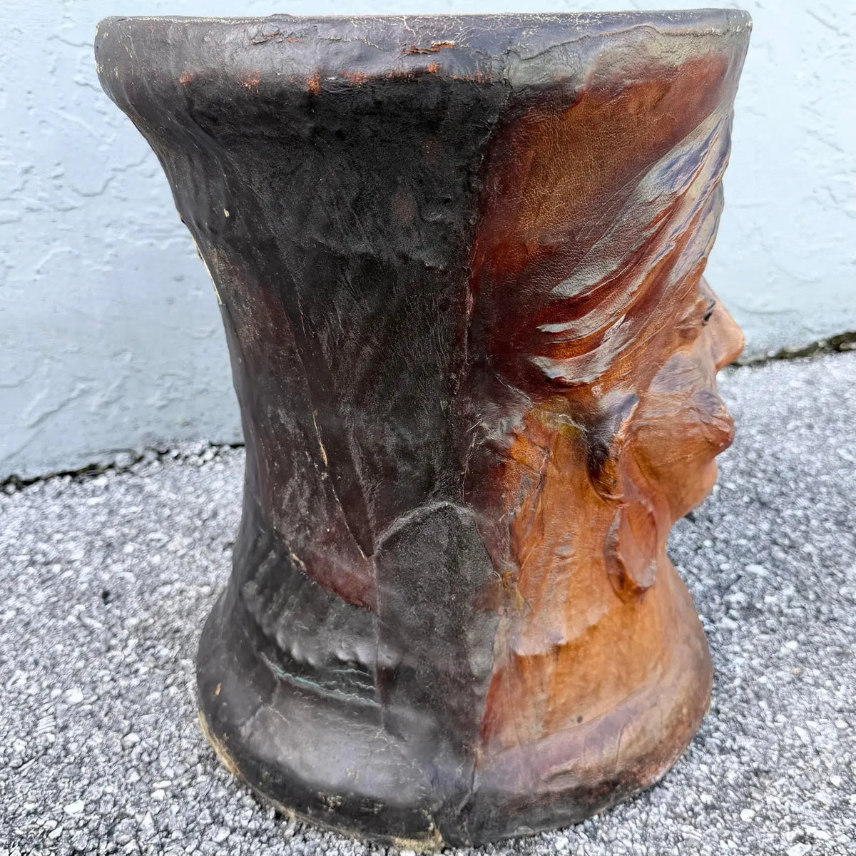 Vintage Folk Art Paper Mache Side Table/Stool With Hindu Figure