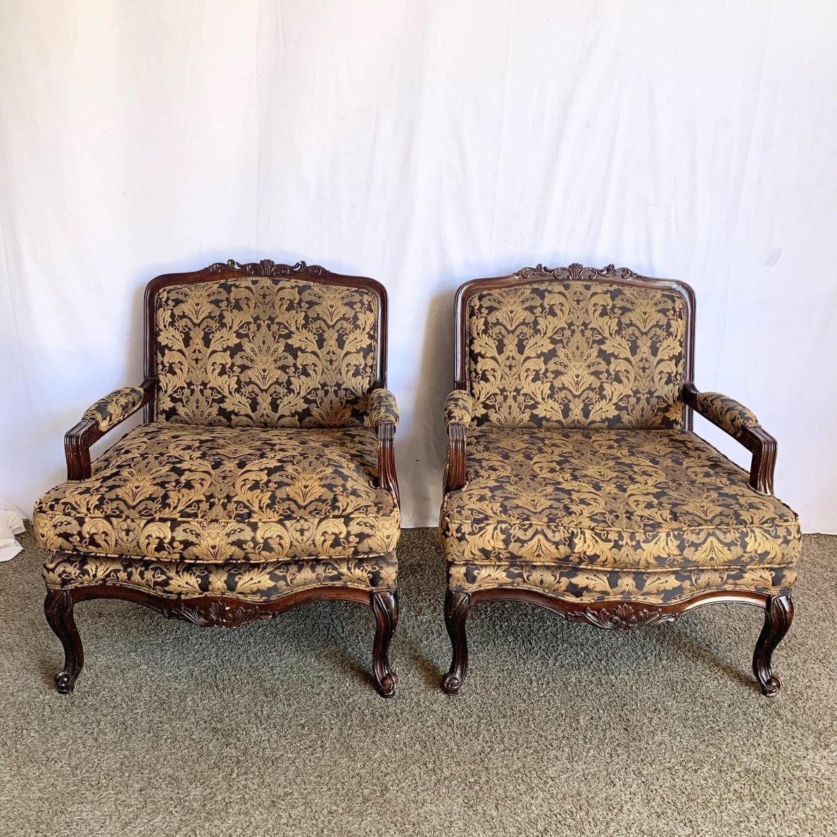 Vintage French Provincial Arm Lounge Chairs - A Pair - Dolphin & Flamingo