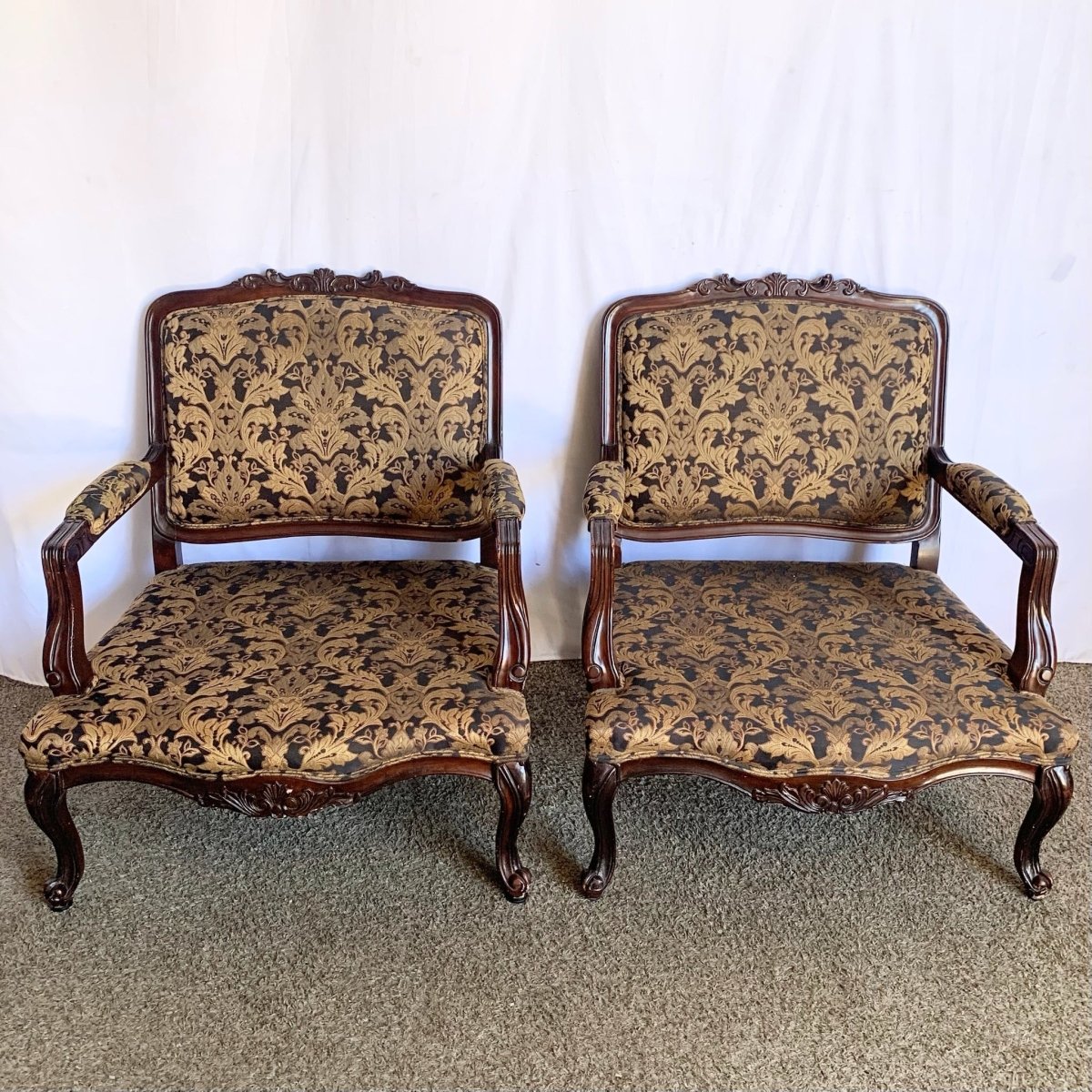 Vintage French Provincial Arm Lounge Chairs - A Pair - Dolphin & Flamingo