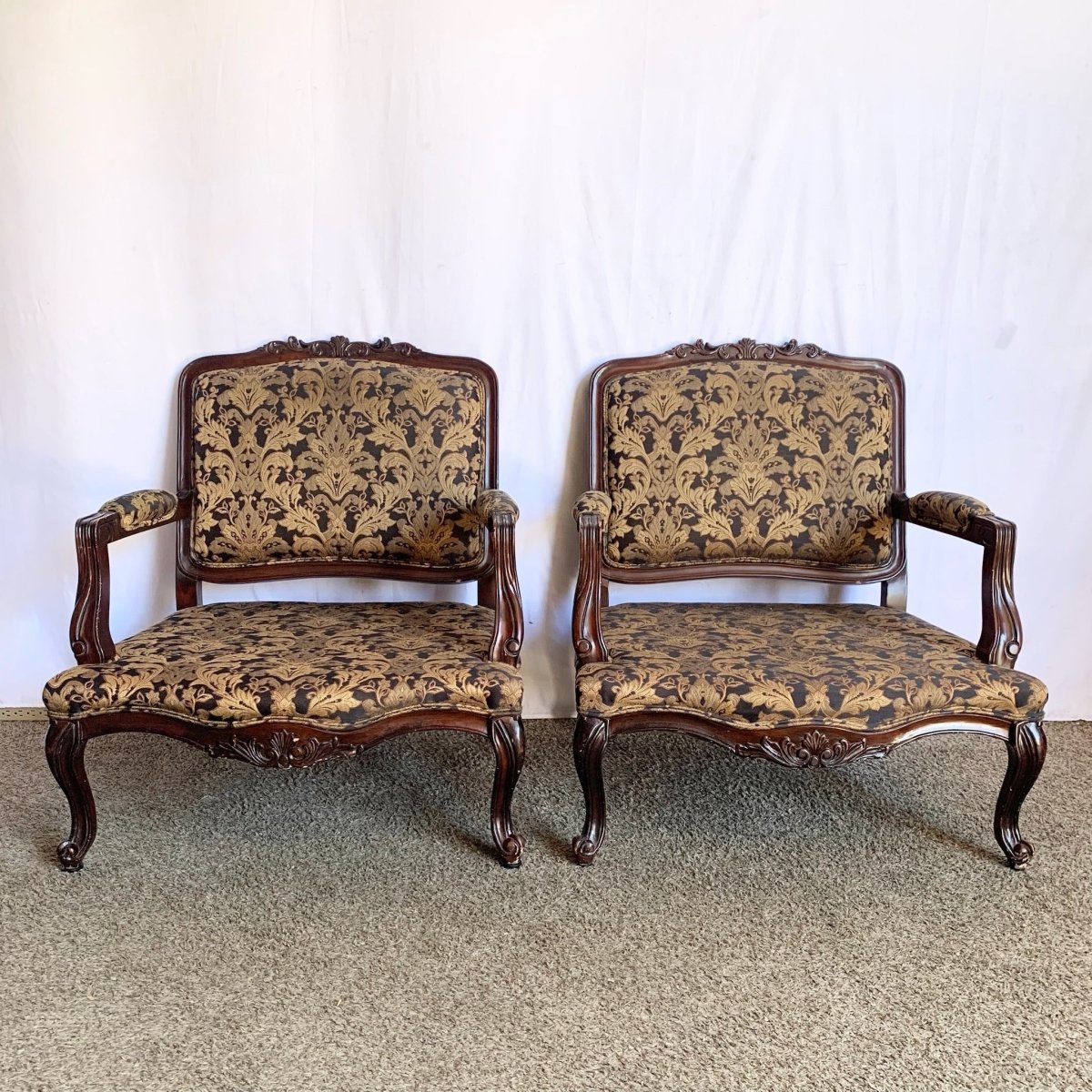 Vintage French Provincial Arm Lounge Chairs - A Pair - Dolphin & Flamingo