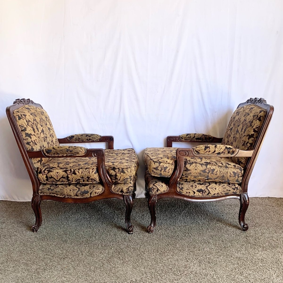 Vintage French Provincial Arm Lounge Chairs - A Pair - Dolphin & Flamingo