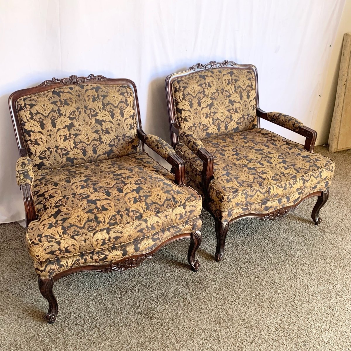 Vintage French Provincial Arm Lounge Chairs - A Pair - Dolphin & Flamingo