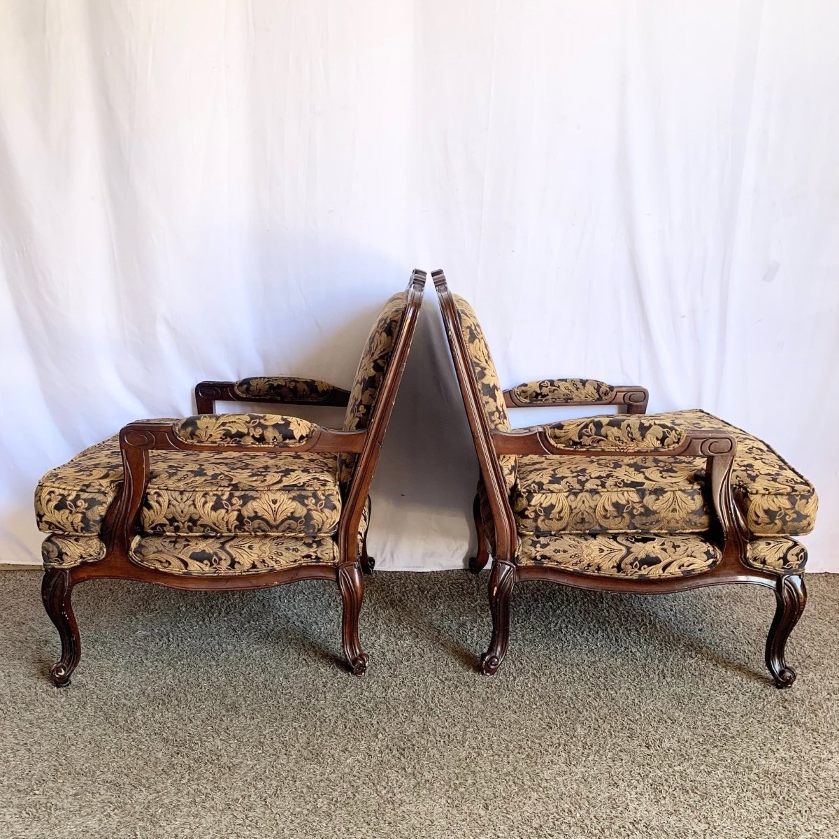Vintage French Provincial Arm Lounge Chairs - A Pair - Dolphin & Flamingo