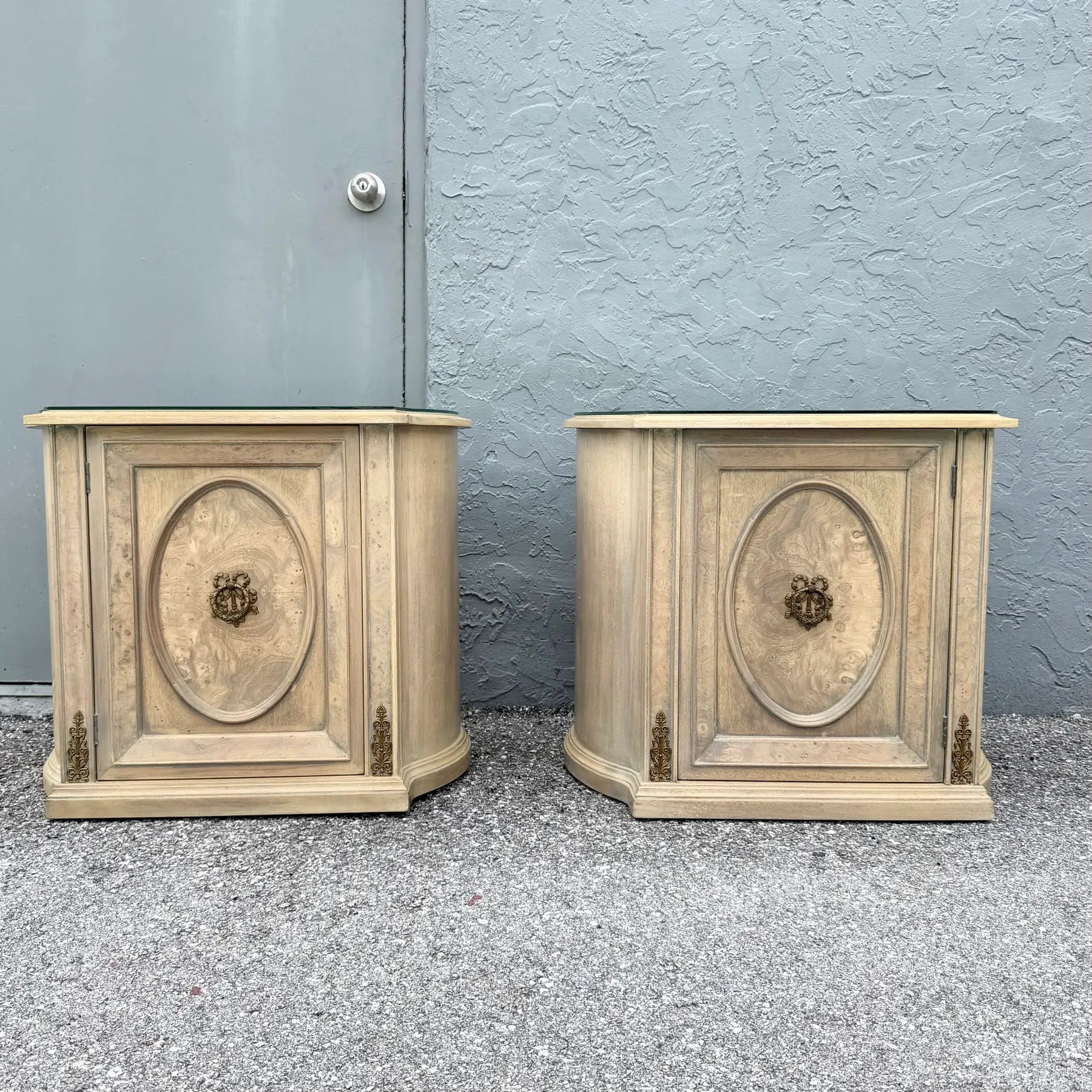 Vintage French Provincial Burlwood Nightstands by Detroit Furniture - A Pair Dolphin & Flamingo