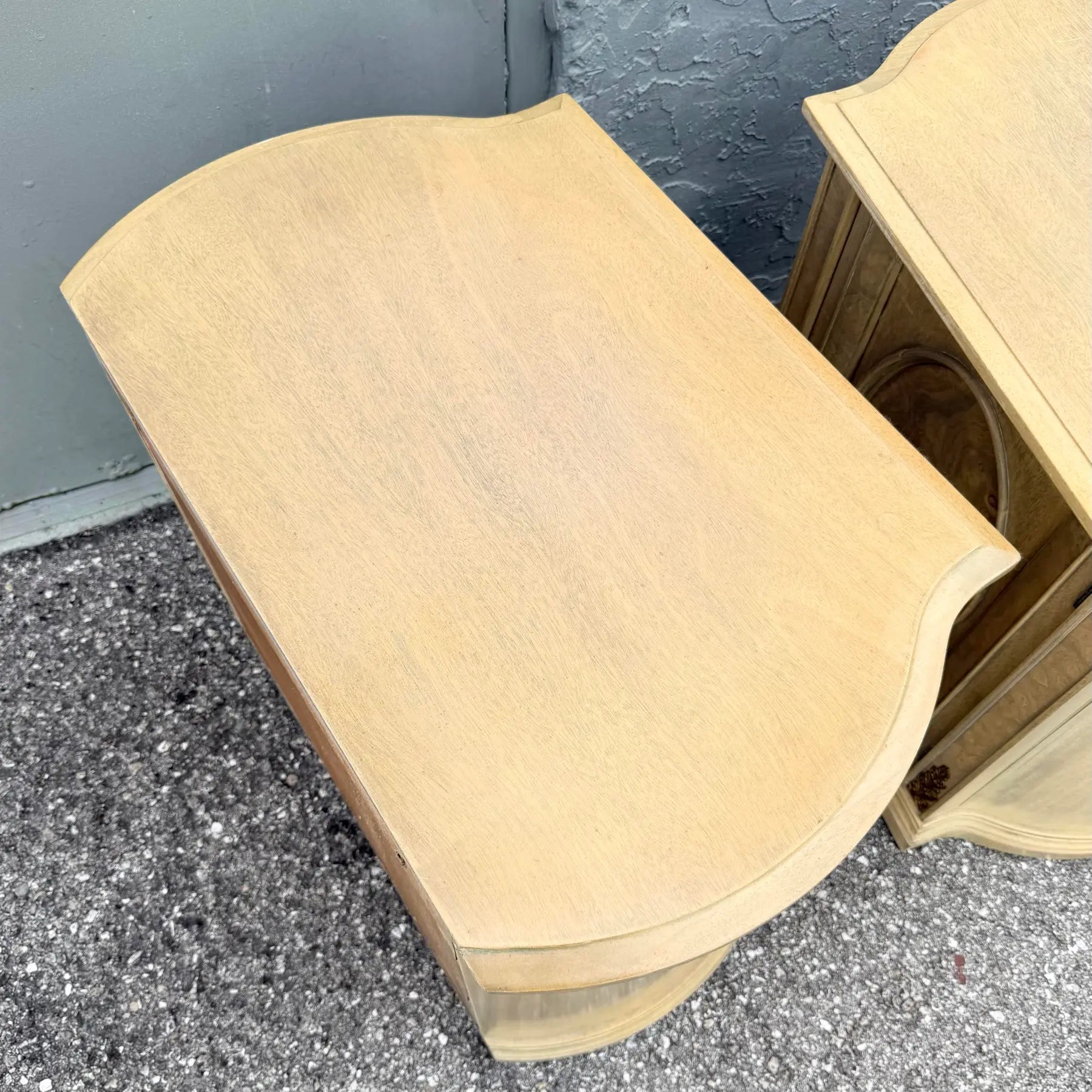 Vintage French Provincial Burlwood Nightstands by Detroit Furniture - A Pair Dolphin & Flamingo