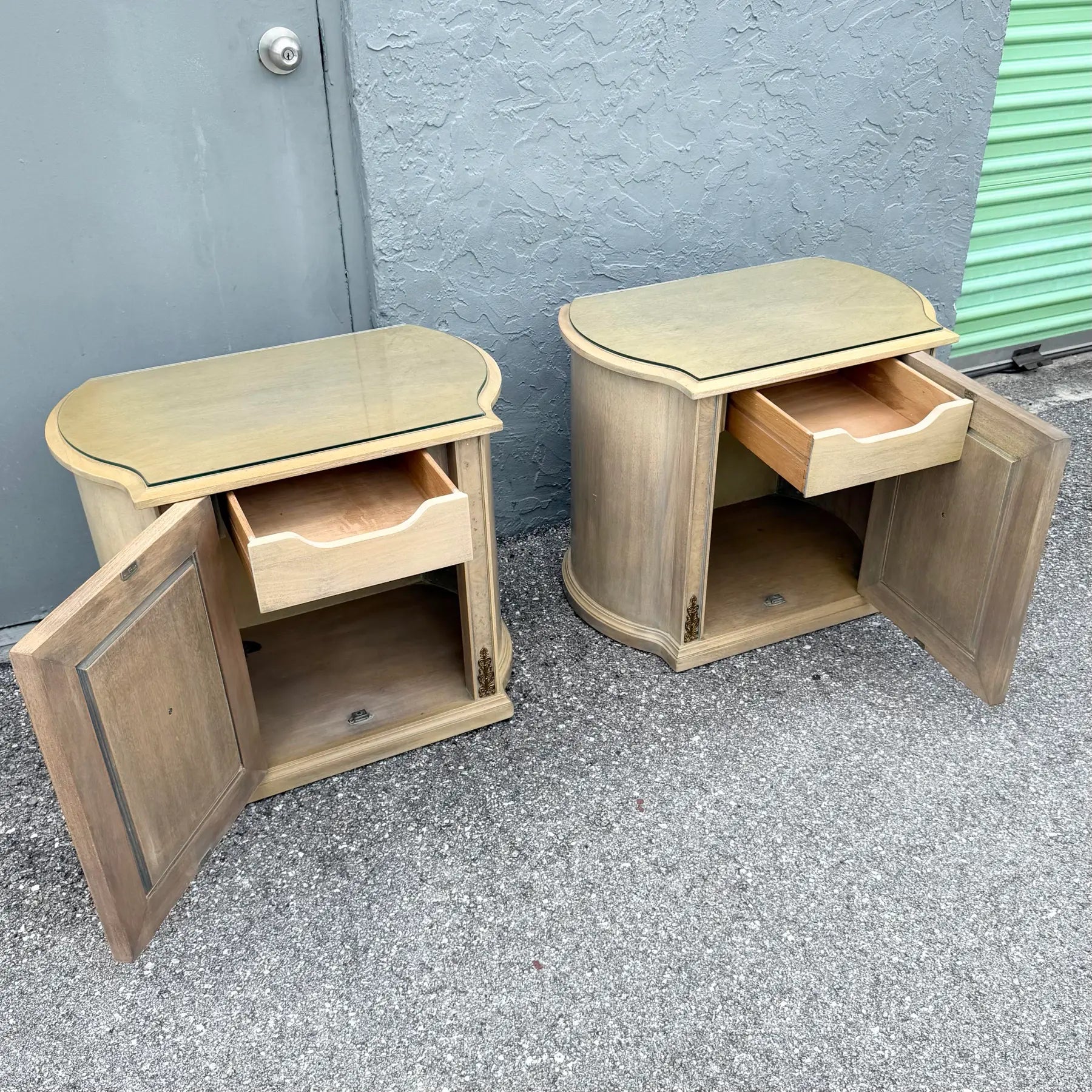 Vintage French Provincial Burlwood Nightstands by Detroit Furniture - A Pair Dolphin & Flamingo