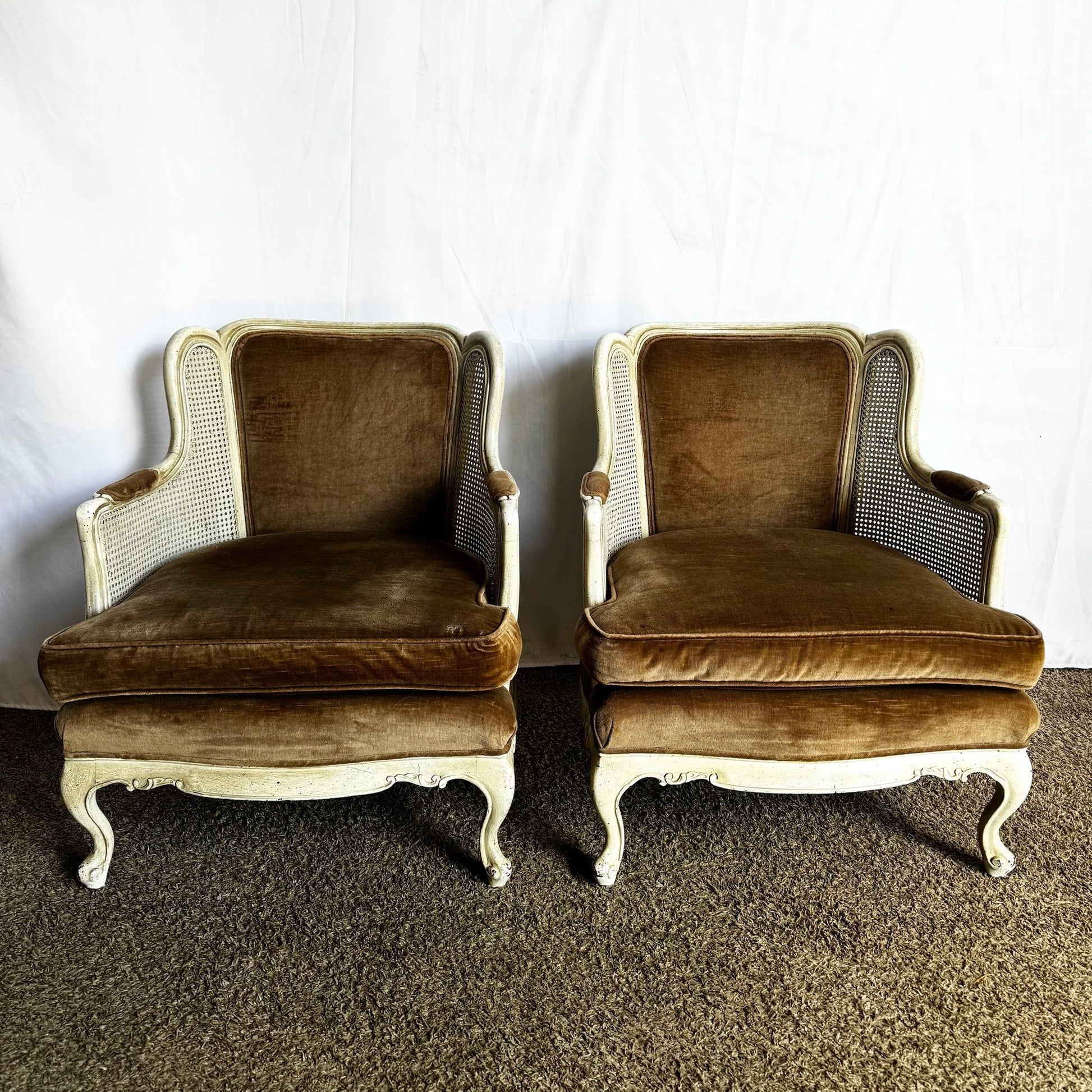 Vintage French Provincial Cane Back and Fabric Lounge Chairs - A Pair - Dolphin & Flamingo