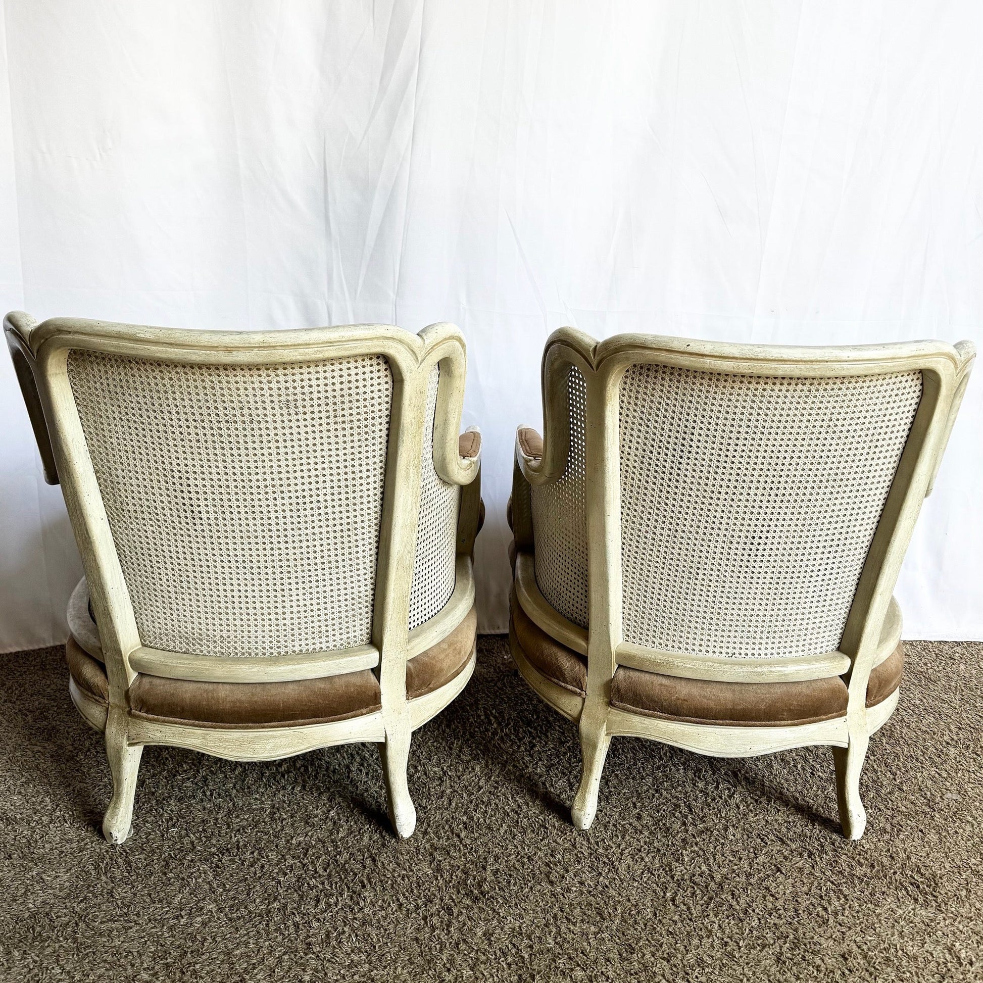 Vintage French Provincial Cane Back and Fabric Lounge Chairs - A Pair - Dolphin & Flamingo