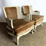 Vintage French Provincial Cane Back and Fabric Lounge Chairs - A Pair - Dolphin & Flamingo