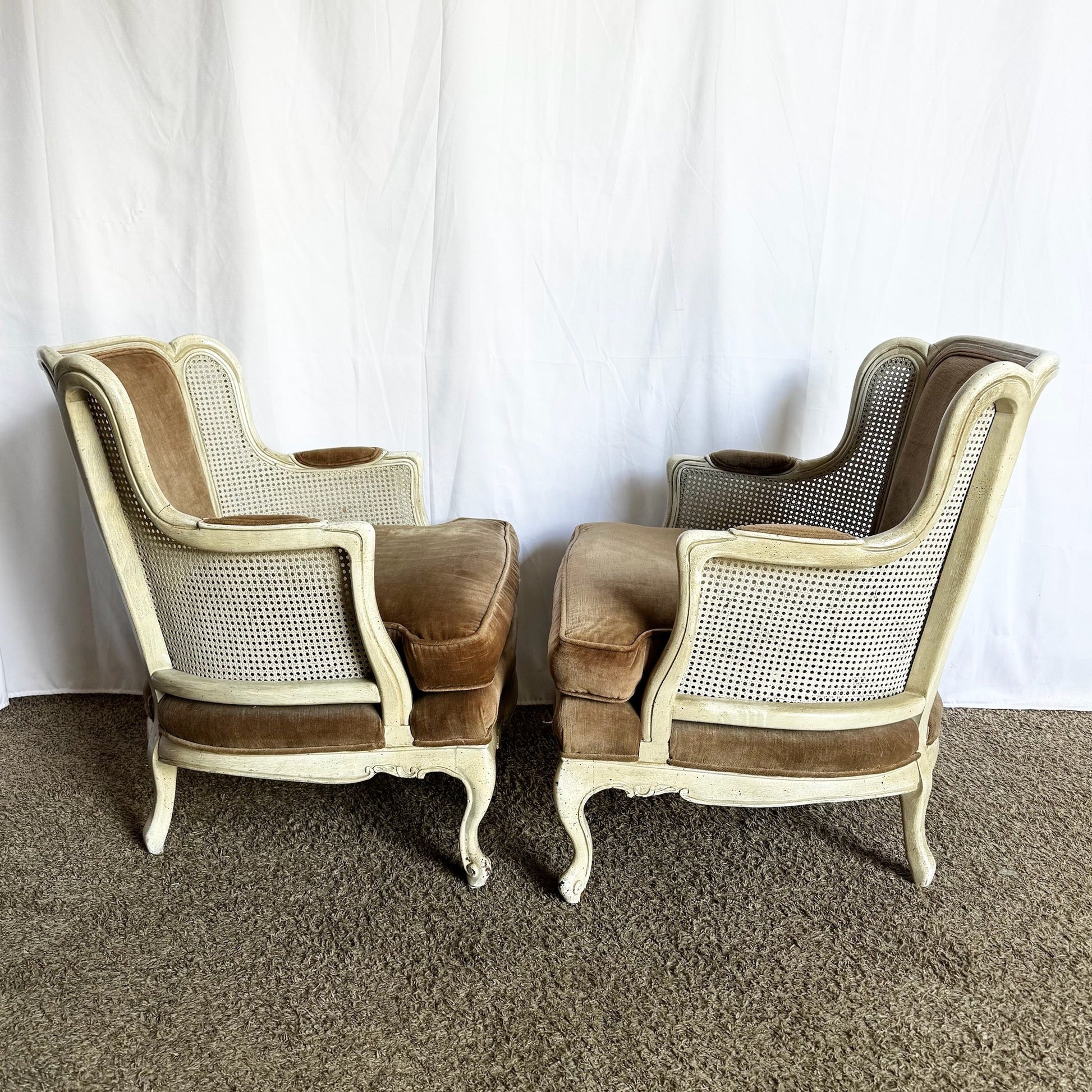 Vintage French Provincial Cane Back and Fabric Lounge Chairs - A Pair - Dolphin & Flamingo