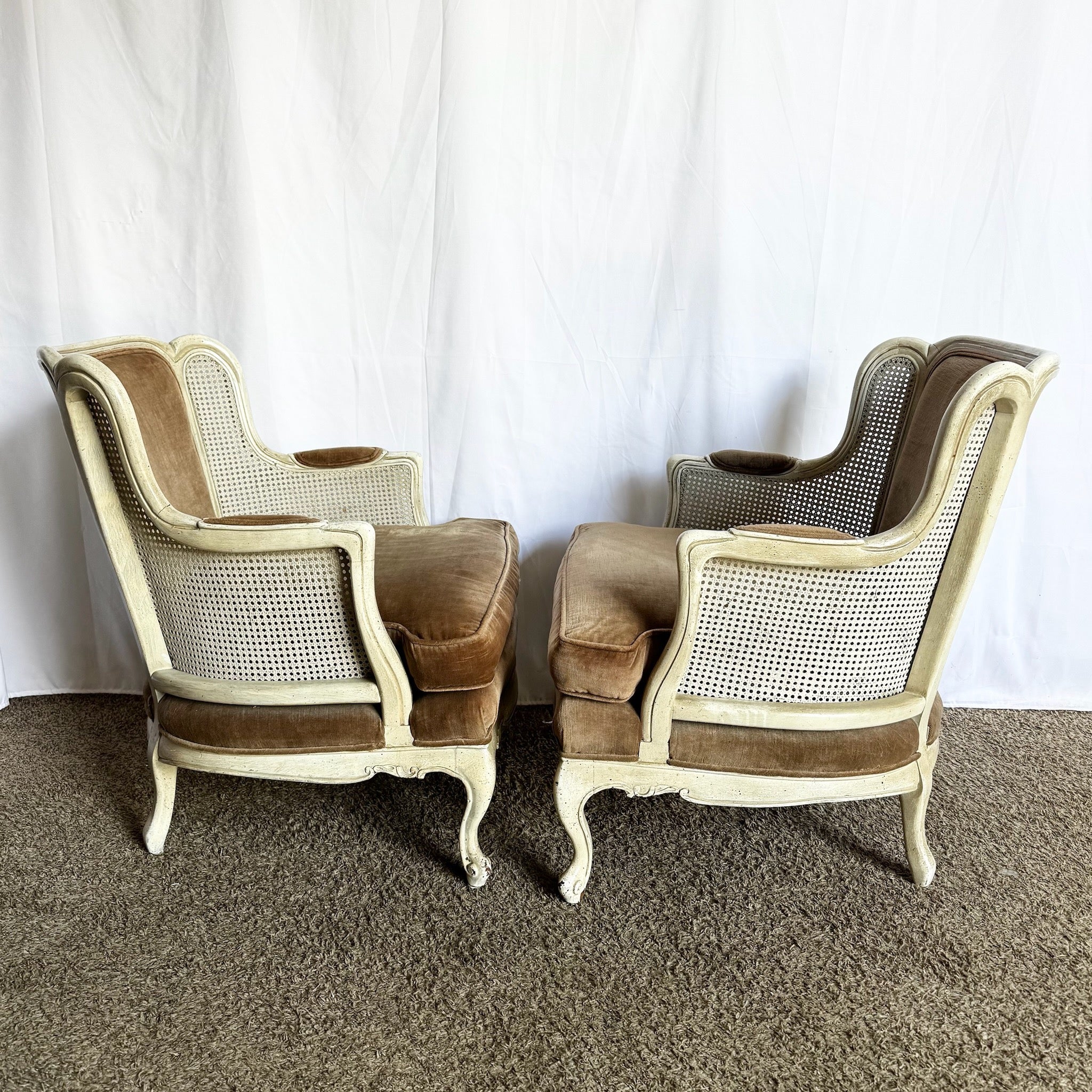 Vintage French Provincial Cane Back and Fabric Lounge Chairs - A Pair - Dolphin & Flamingo