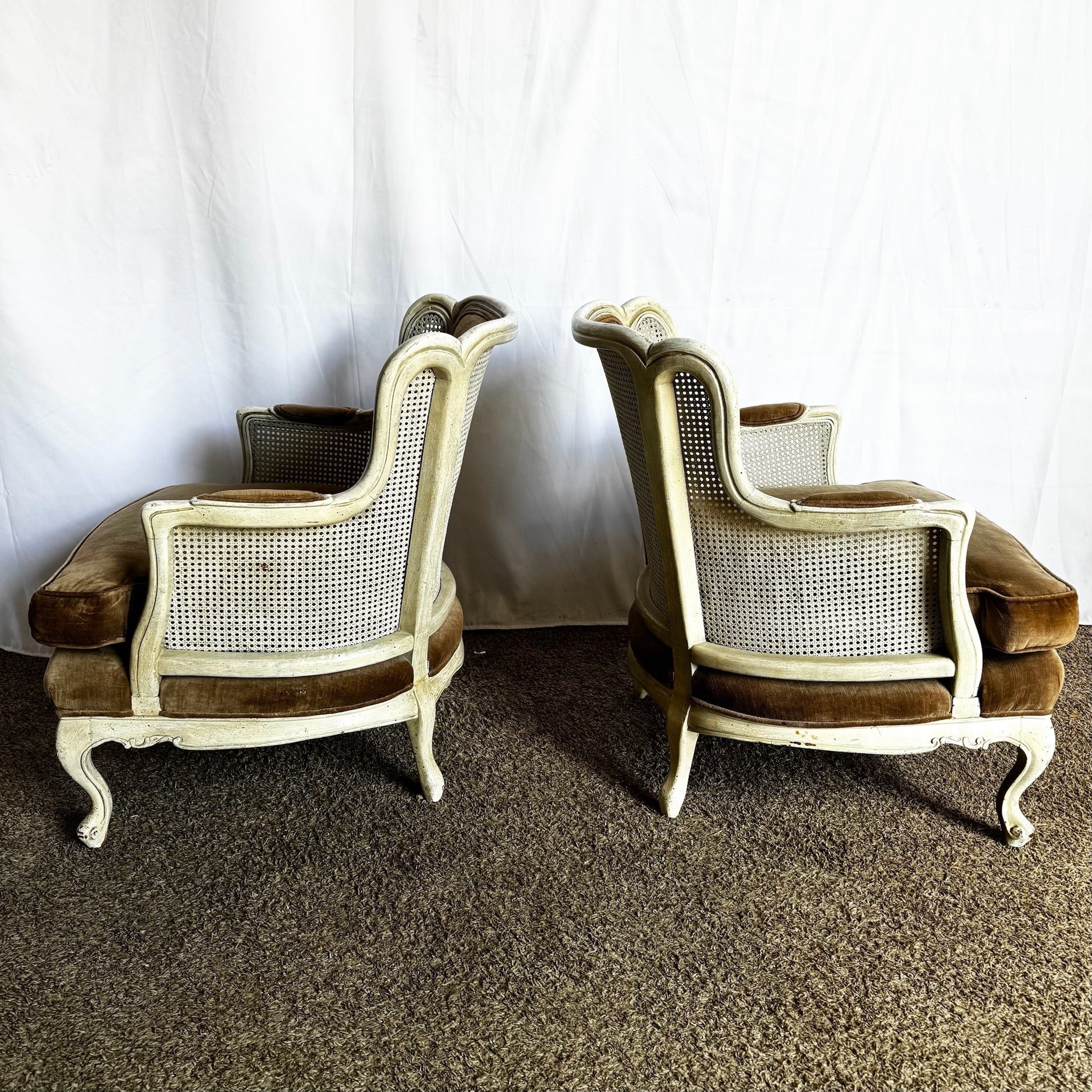 Vintage French Provincial Cane Back and Fabric Lounge Chairs - A Pair - Dolphin & Flamingo