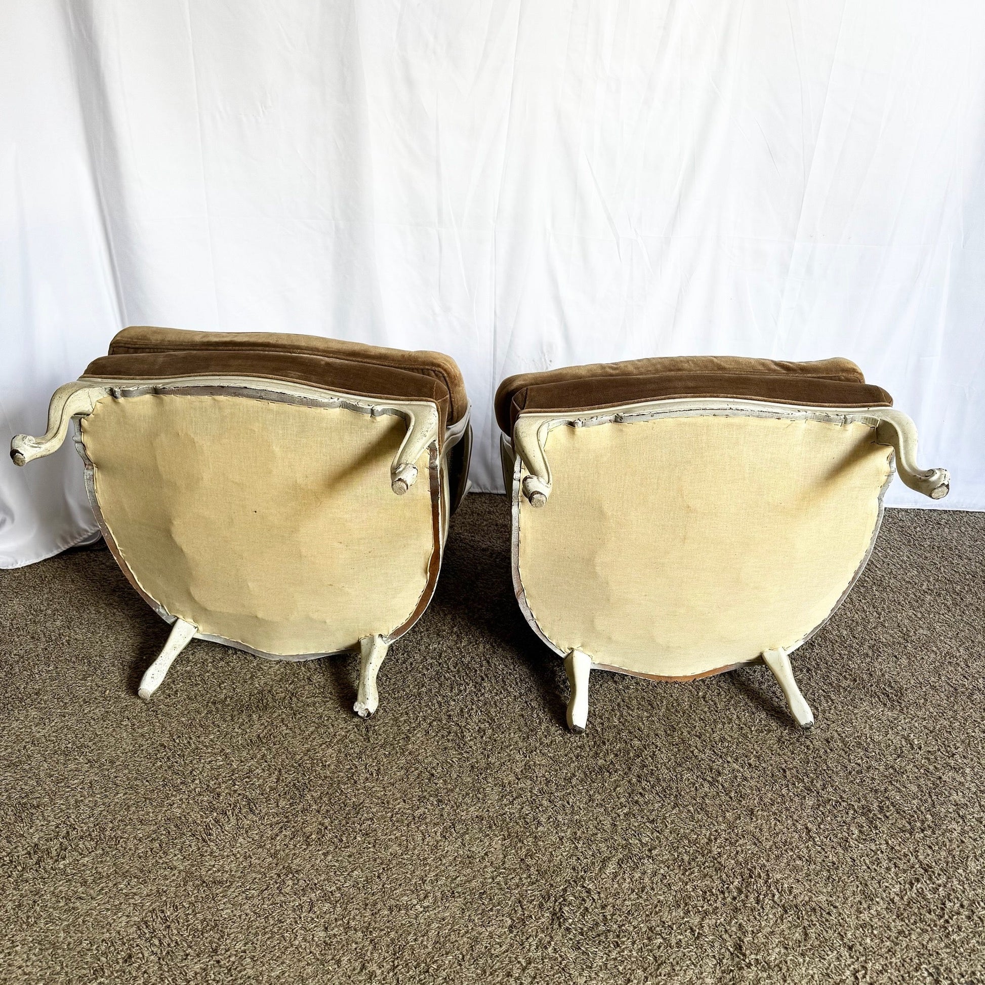 Vintage French Provincial Cane Back and Fabric Lounge Chairs - A Pair - Dolphin & Flamingo