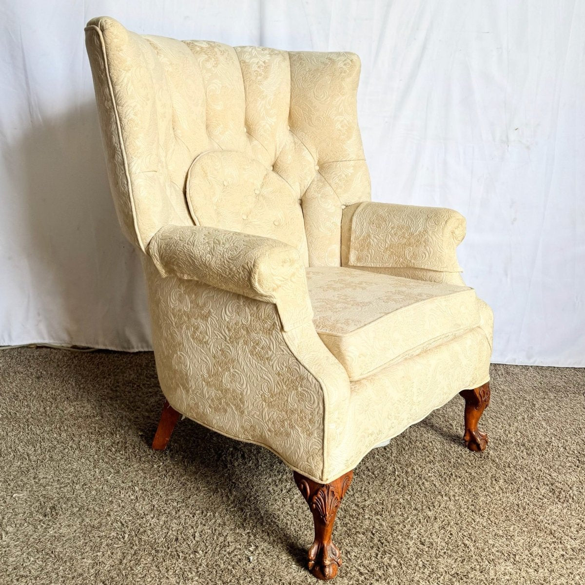 Vintage French Provincial Tufted Ball in Claw Lounge Chair - Dolphin & Flamingo