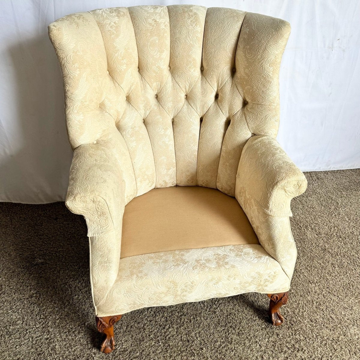 Vintage French Provincial Tufted Ball in Claw Lounge Chair - Dolphin & Flamingo