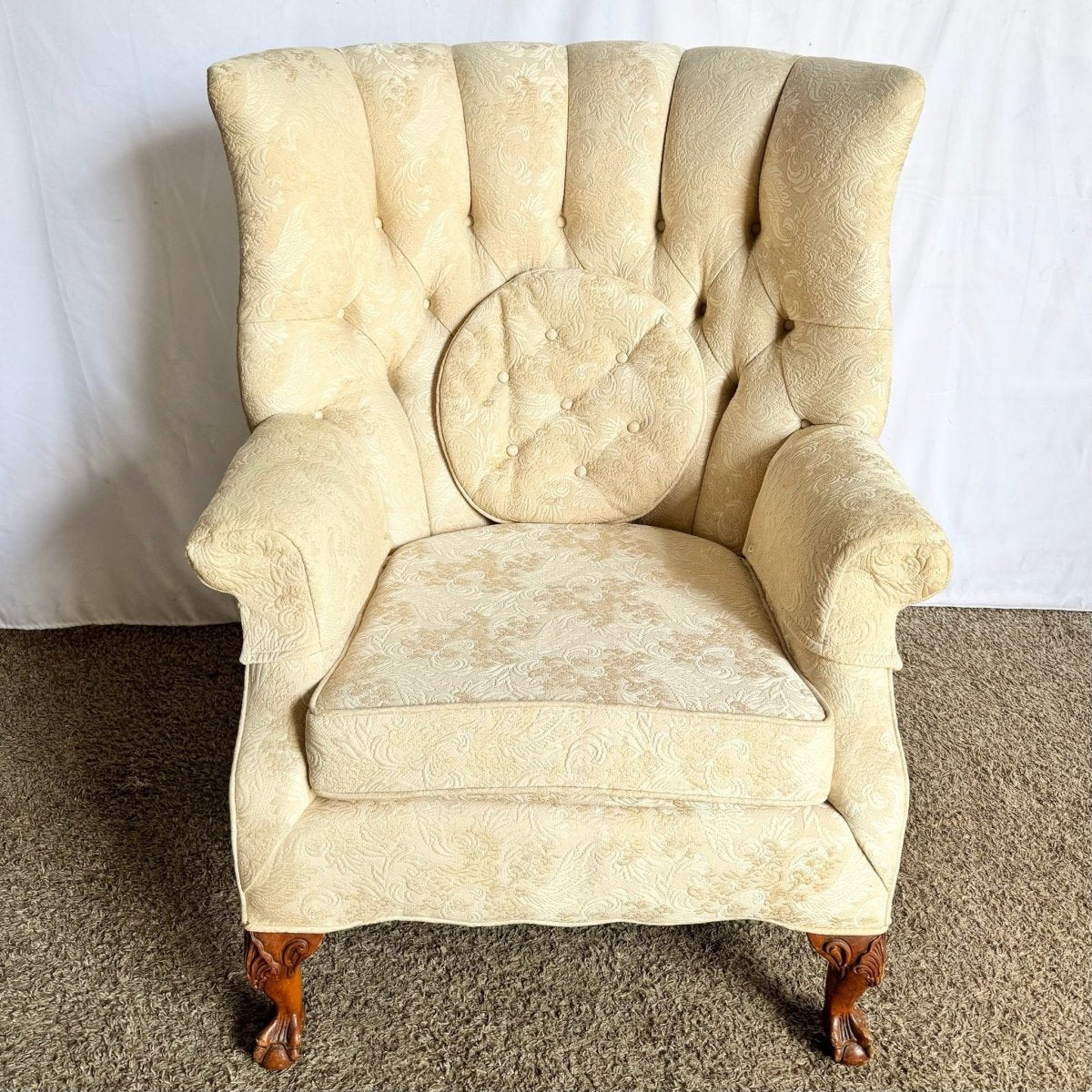 Vintage French Provincial Tufted Ball in Claw Lounge Chair - Dolphin & Flamingo