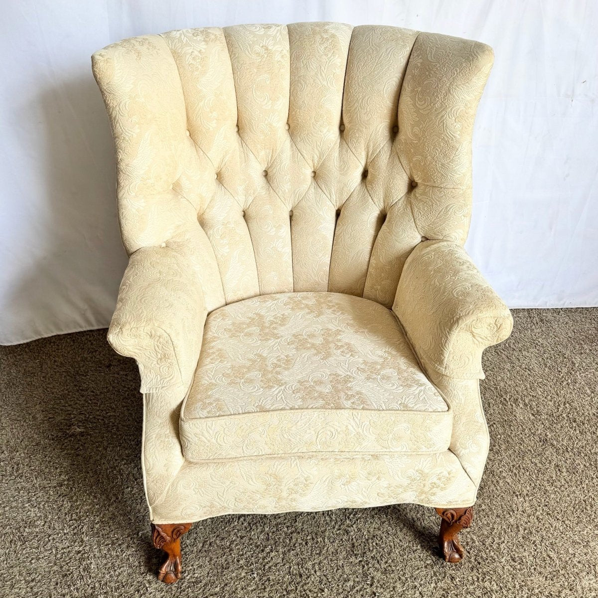Vintage French Provincial Tufted Ball in Claw Lounge Chair - Dolphin & Flamingo