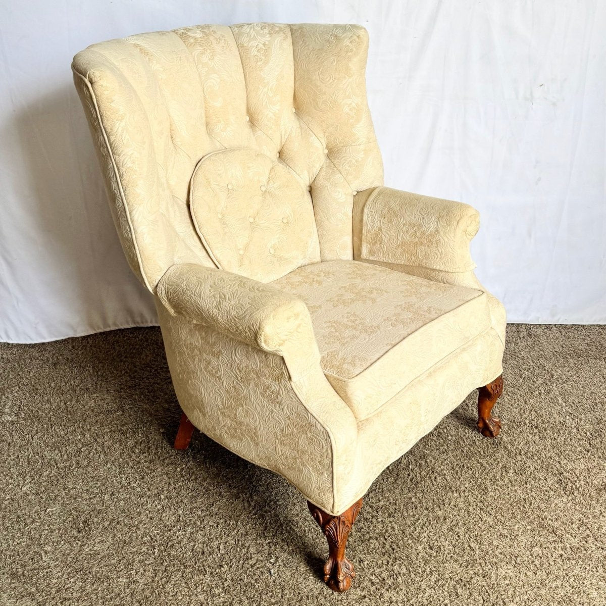 Vintage French Provincial Tufted Ball in Claw Lounge Chair - Dolphin & Flamingo