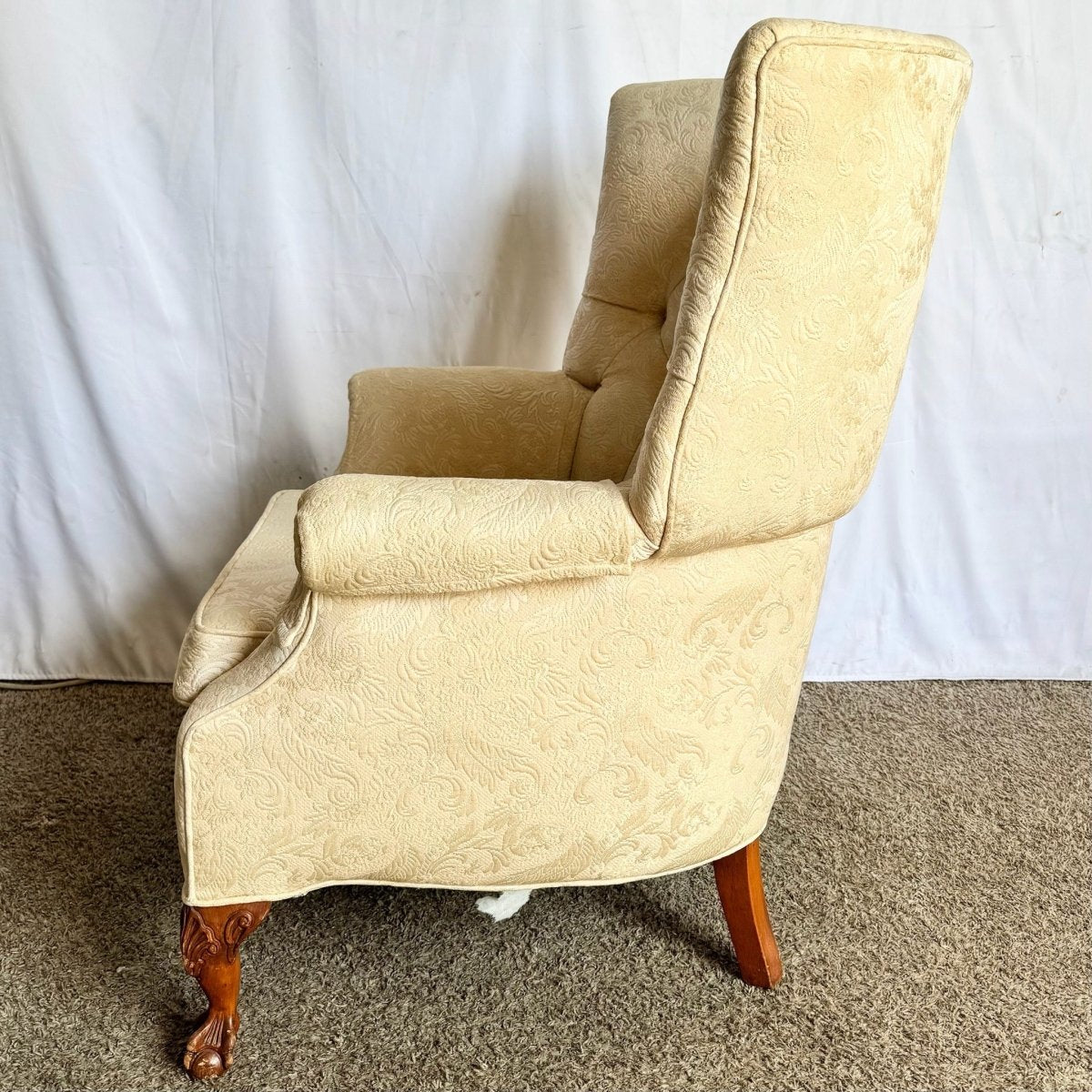 Vintage French Provincial Tufted Ball in Claw Lounge Chair - Dolphin & Flamingo