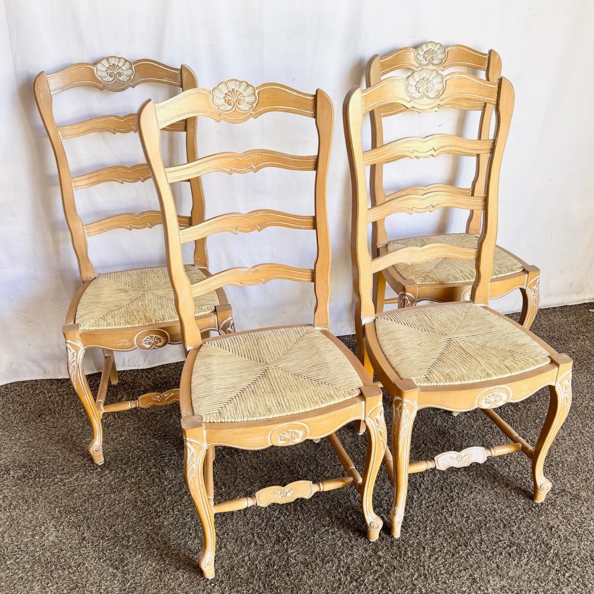 Vintage French Style Ladder Back Dining Chairs With Twine Seats - Set of 4 - Dolphin & Flamingo