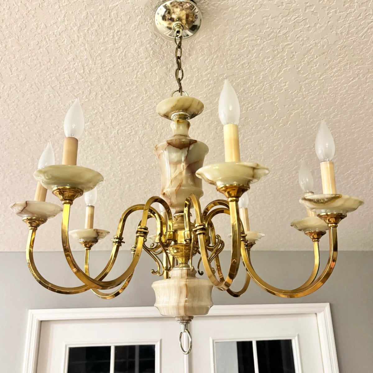 Vintage Georgian Style Green Onyx and Gold Chandelier - 8 Lights - Dolphin & Flamingo