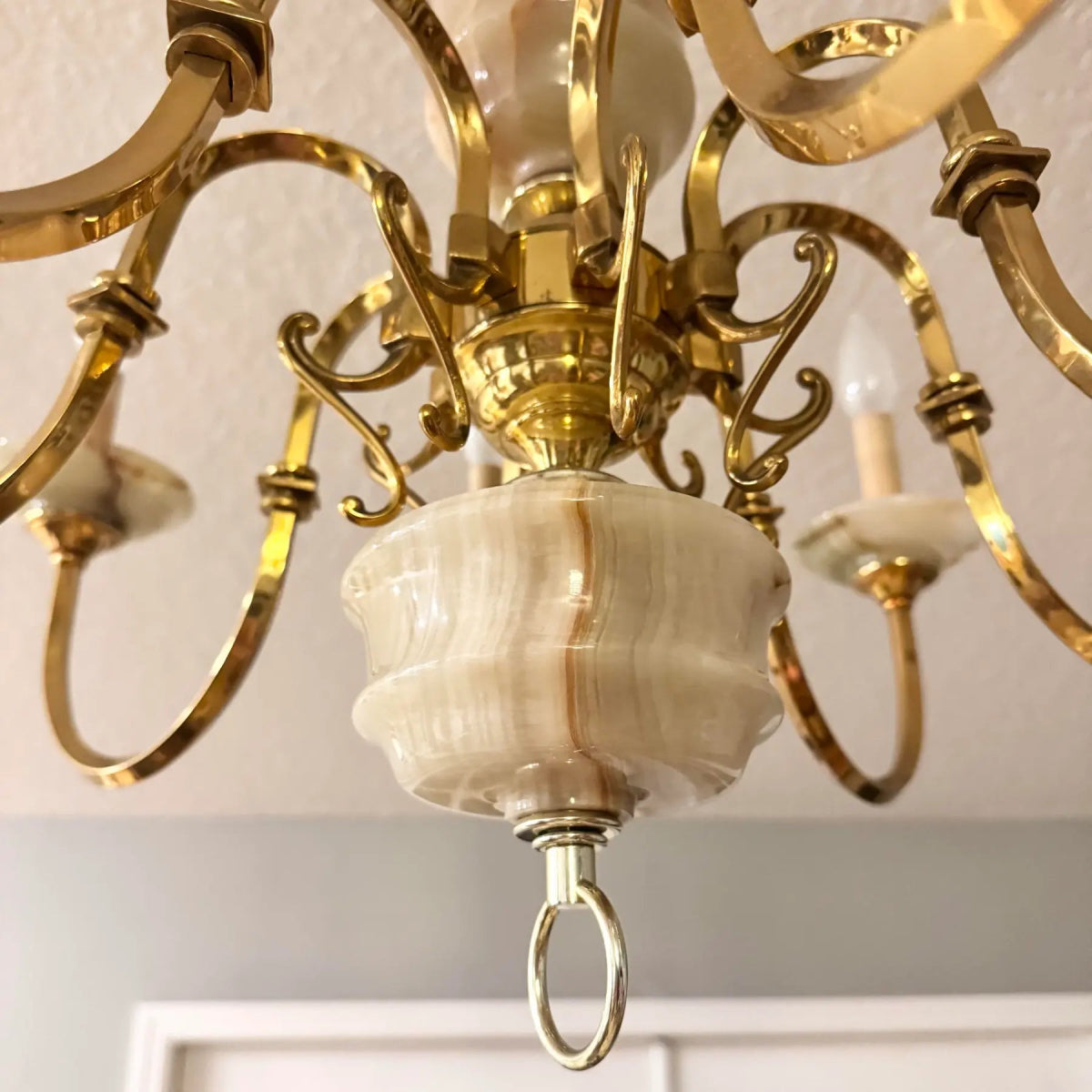 Vintage Georgian Style Green Onyx and Gold Chandelier - 8 Lights - Dolphin & Flamingo