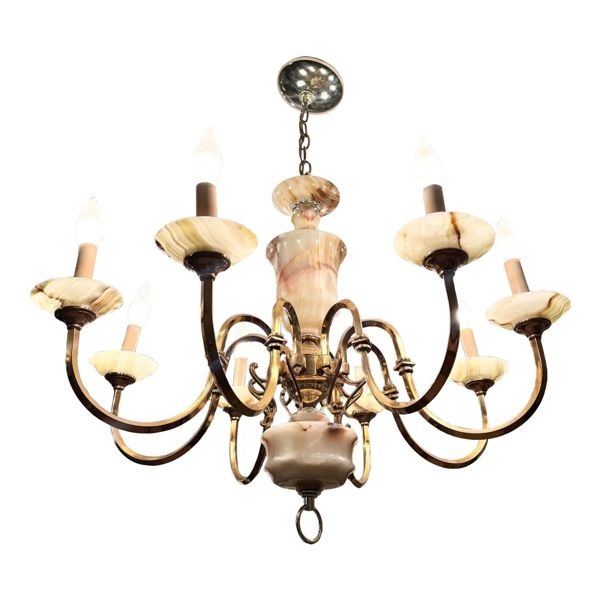 Vintage Georgian Style Green Onyx and Gold Chandelier - 8 Lights - Dolphin & Flamingo