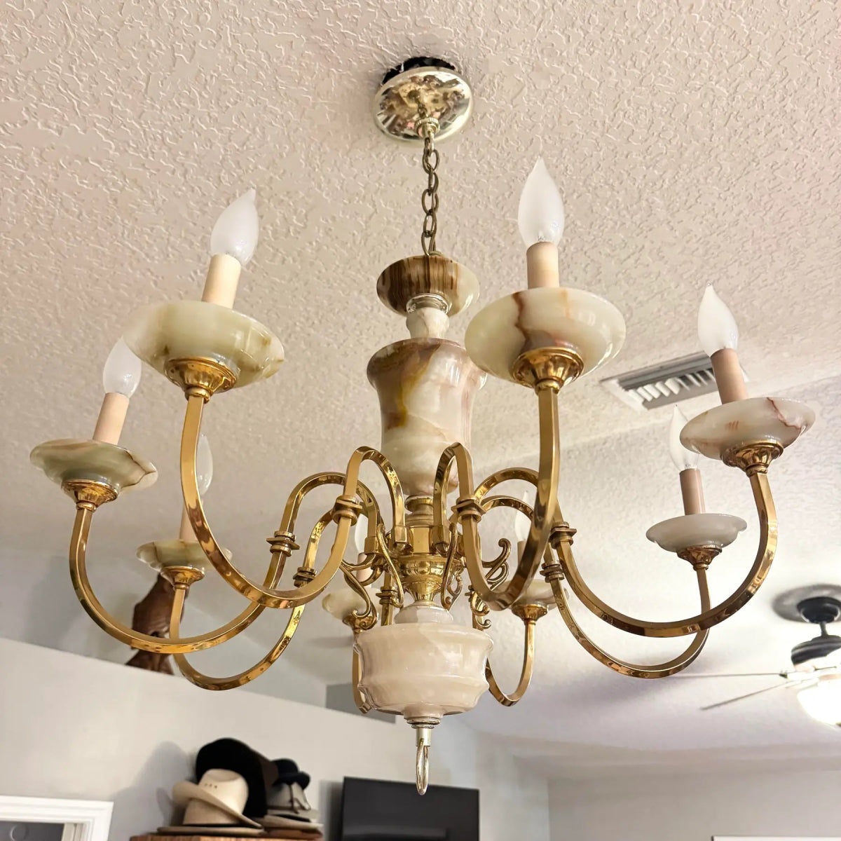 Vintage Georgian Style Green Onyx and Gold Chandelier - 8 Lights - Dolphin & Flamingo
