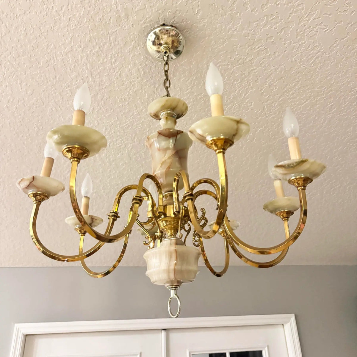 Vintage Georgian Style Green Onyx and Gold Chandelier - 8 Lights - Dolphin & Flamingo