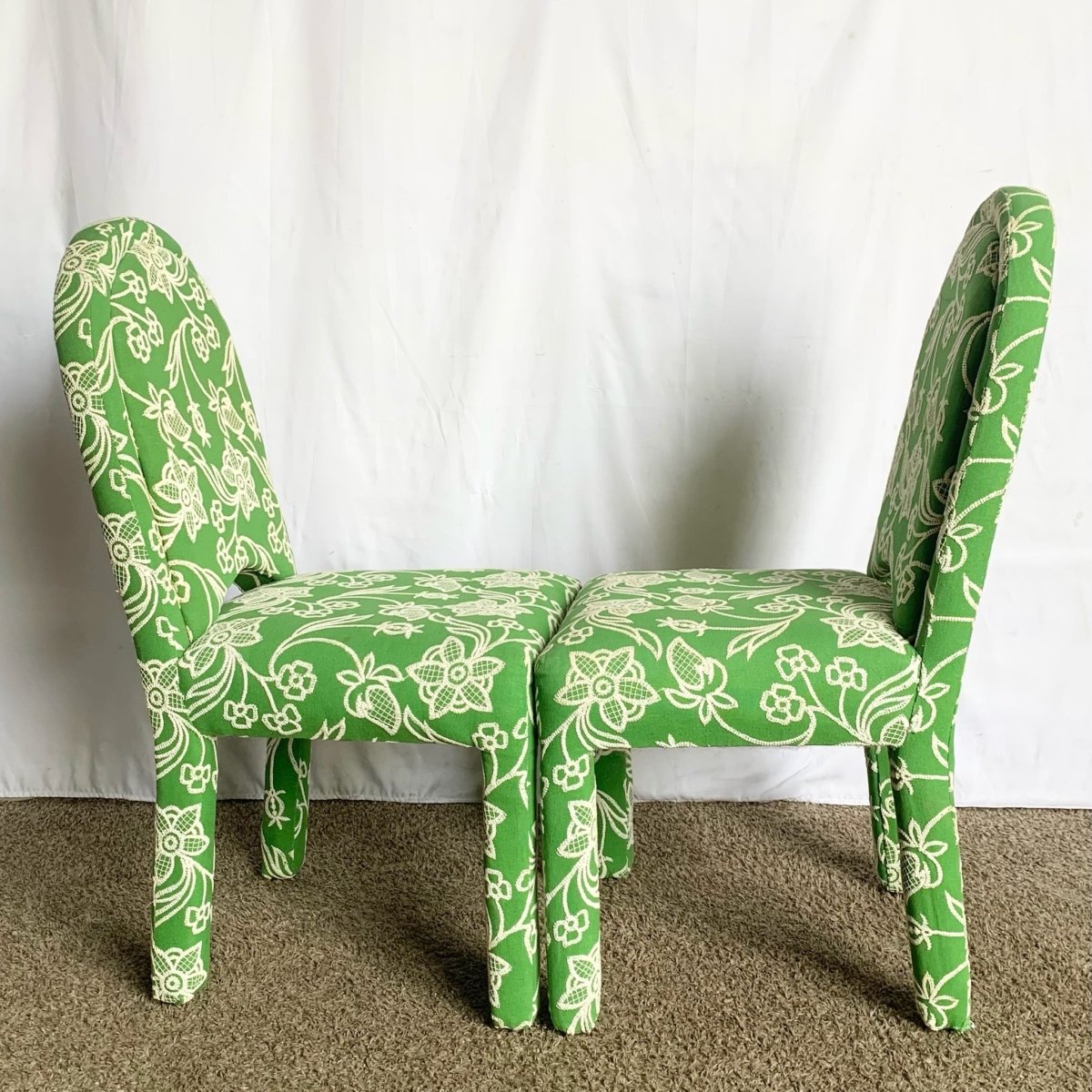 Vintage Green and White Floral Parsons Chairs - Set of 4 - Dolphin & Flamingo