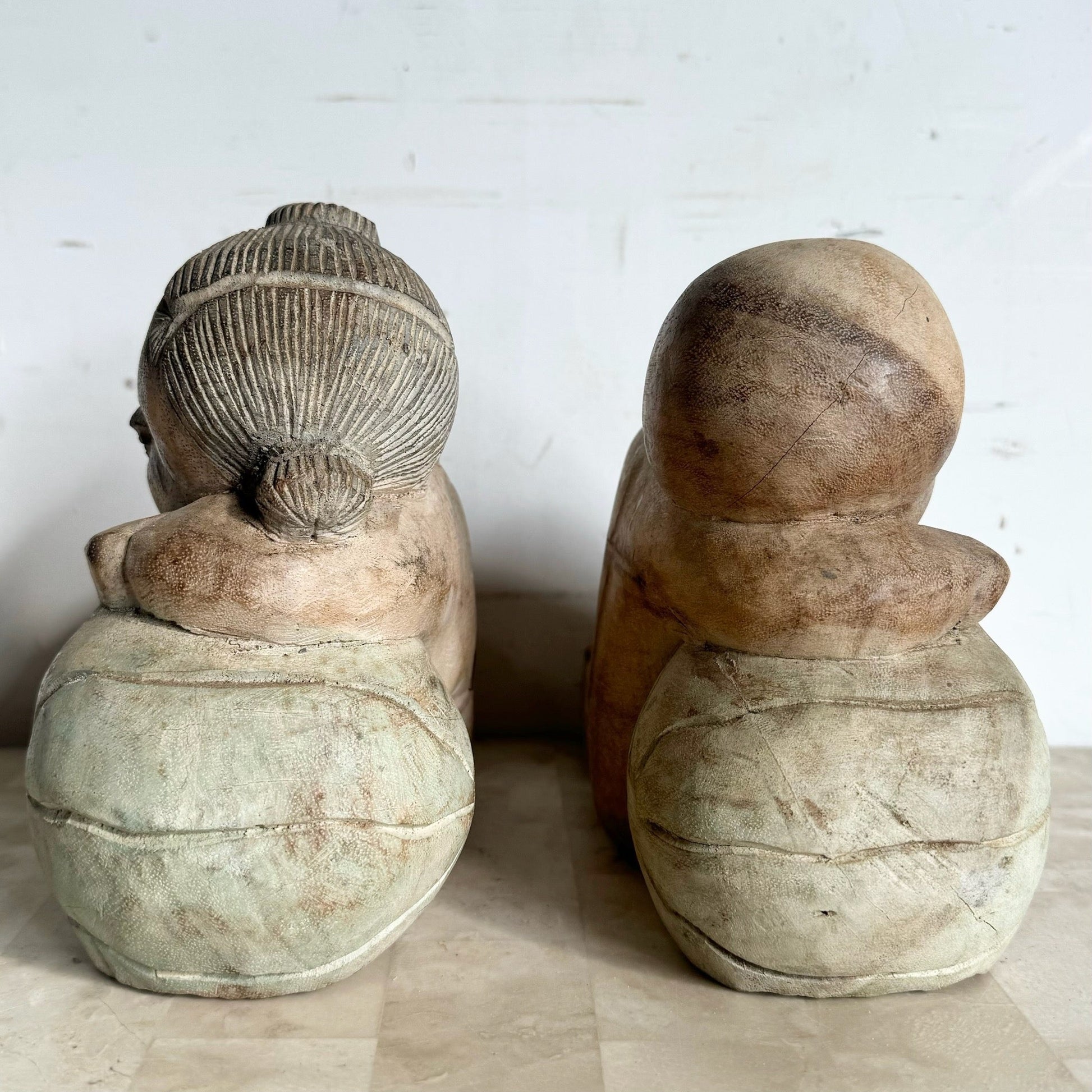 Vintage Hand Carved Asian Wooden Babies - Set of 2 - Dolphin & Flamingo