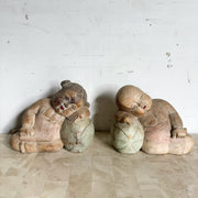 Vintage Hand Carved Asian Wooden Babies - Set of 2 - Dolphin & Flamingo