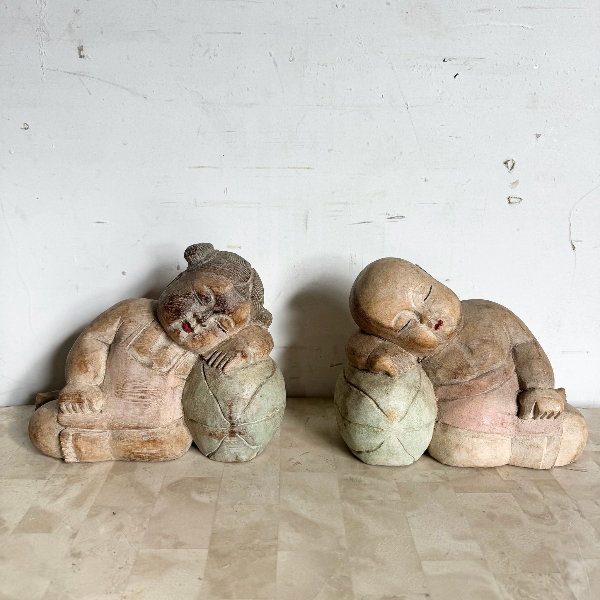 Vintage Hand Carved Asian Wooden Babies - Set of 2 - Dolphin & Flamingo
