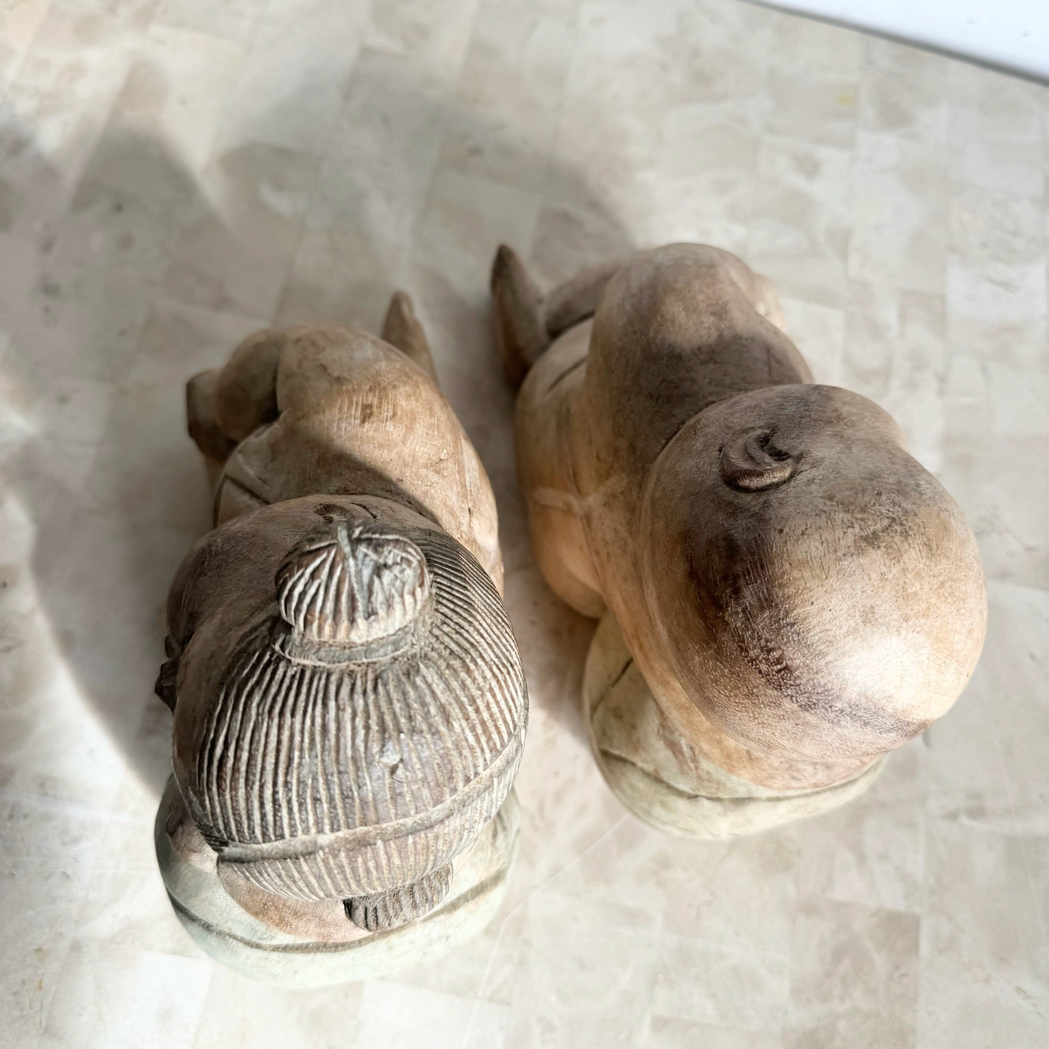 Vintage Hand Carved Asian Wooden Babies - Set of 2 - Dolphin & Flamingo