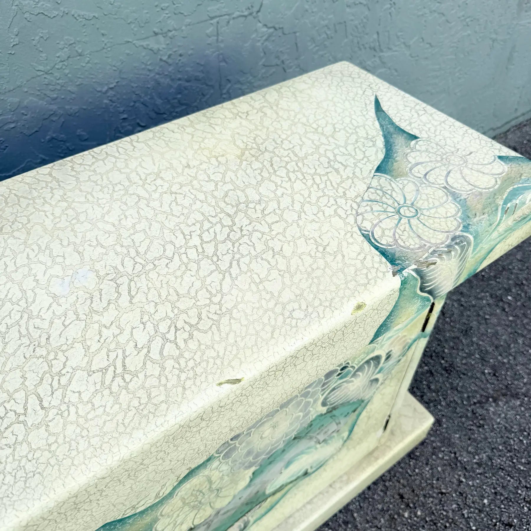 Vintage Hand Painted Crackle Finished Cream Teal and Pink Credenza Dolphin & Flamingo