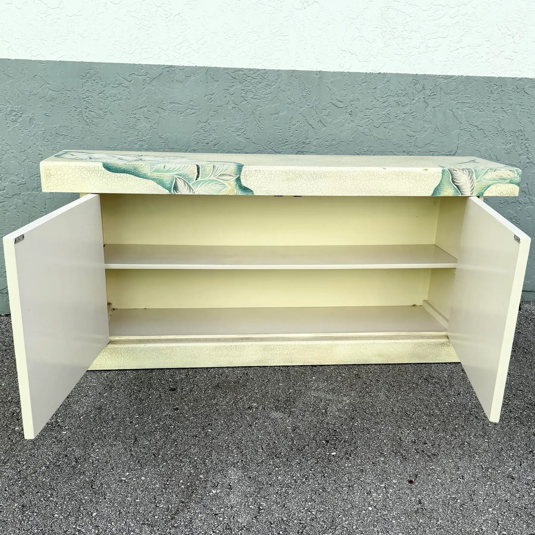 Vintage Hand Painted Crackle Finished Cream Teal and Pink Credenza Dolphin & Flamingo
