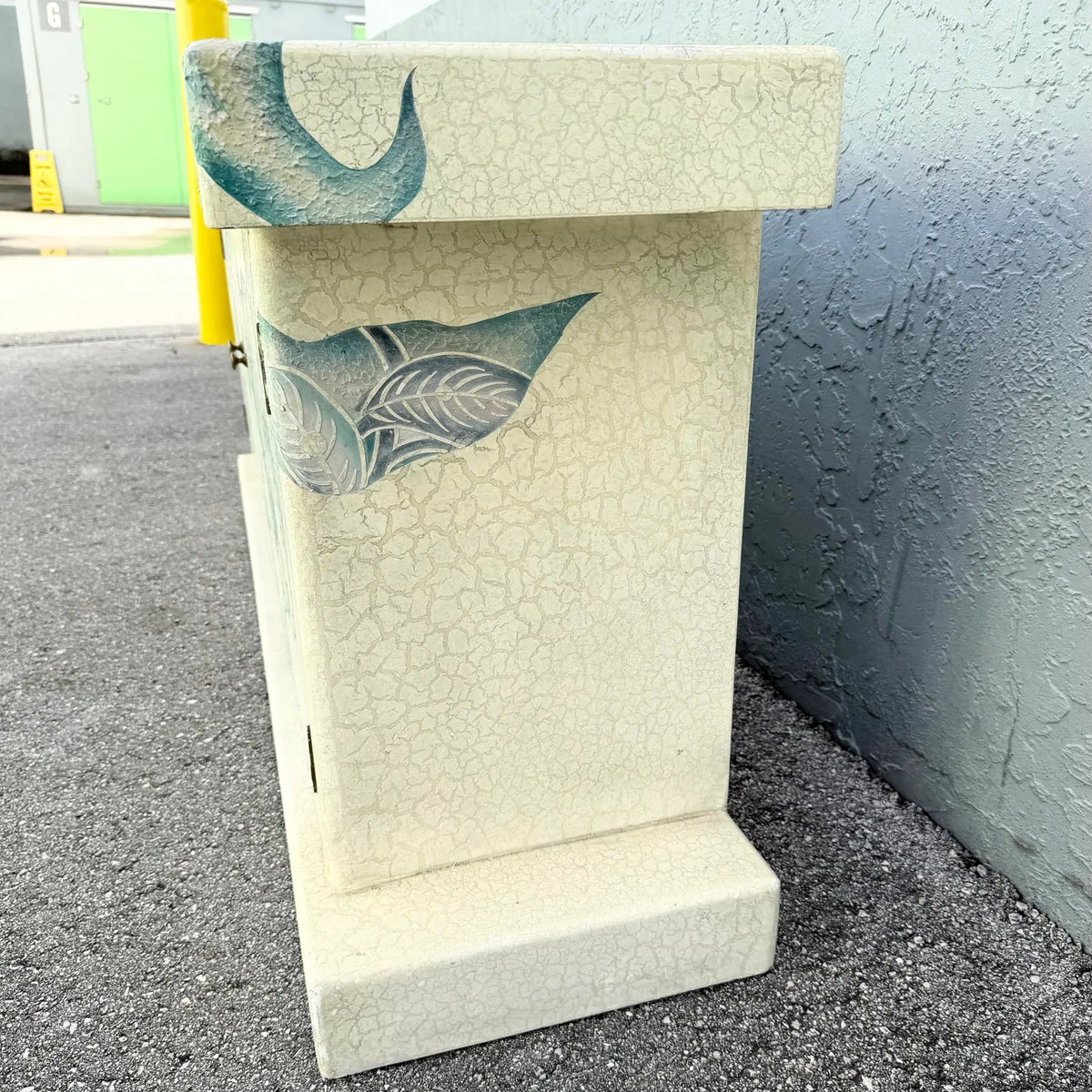 Vintage Hand Painted Crackle Finished Cream Teal and Pink Credenza Dolphin & Flamingo