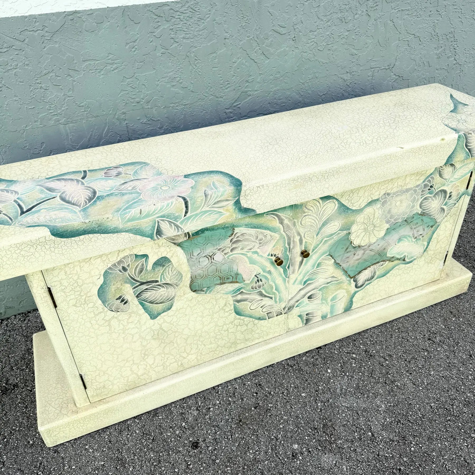 Vintage Hand Painted Crackle Finished Cream Teal and Pink Credenza Dolphin & Flamingo