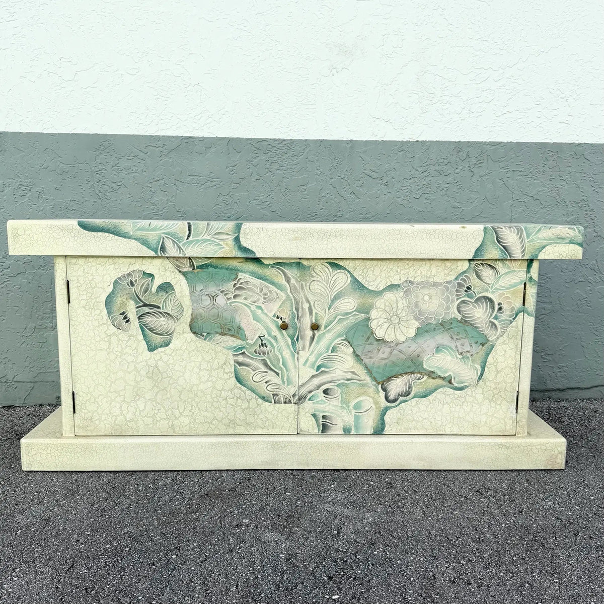 Vintage Hand Painted Crackle Finished Cream Teal and Pink Credenza Dolphin & Flamingo