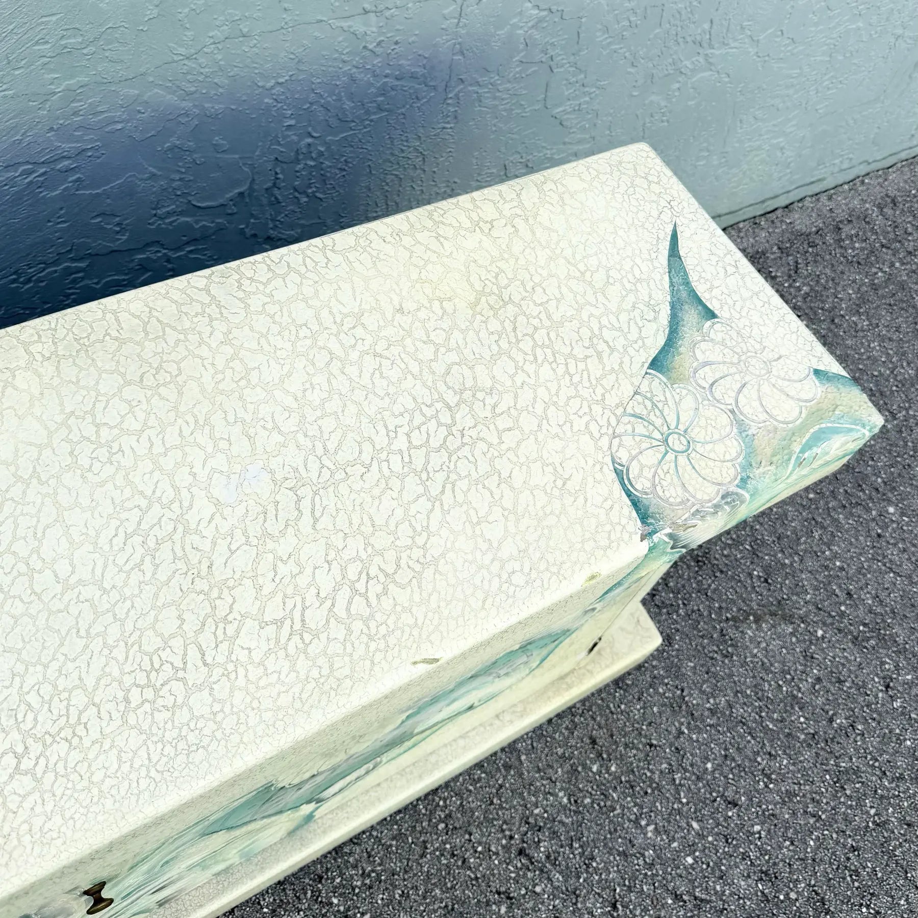 Vintage Hand Painted Crackle Finished Cream Teal and Pink Credenza Dolphin & Flamingo