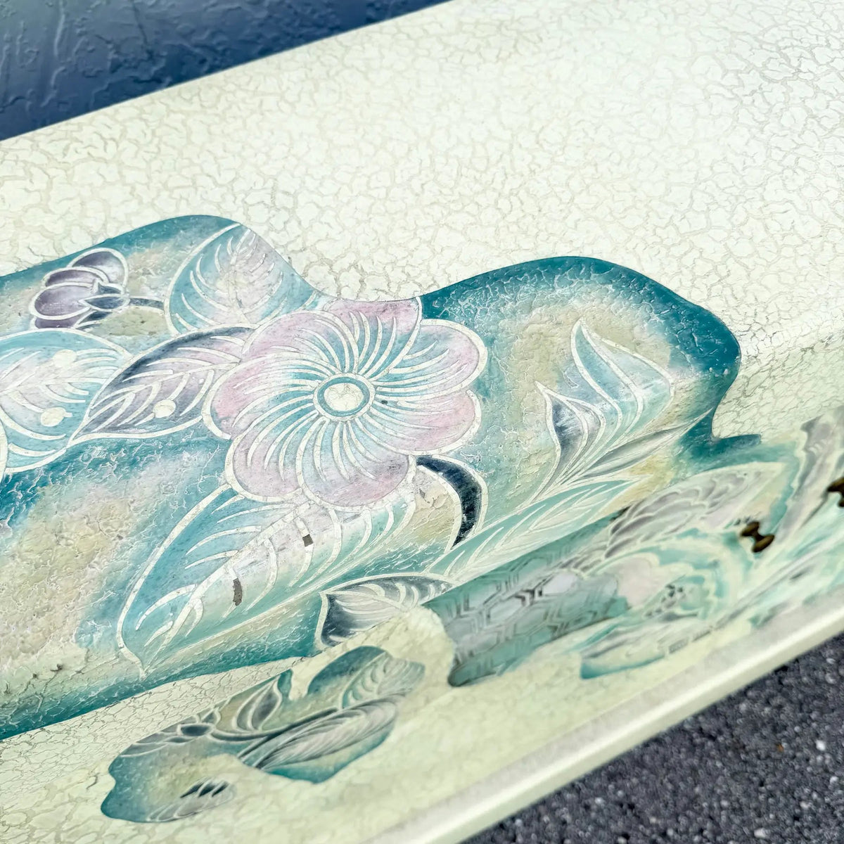 Vintage Hand Painted Crackle Finished Cream Teal and Pink Credenza Dolphin & Flamingo