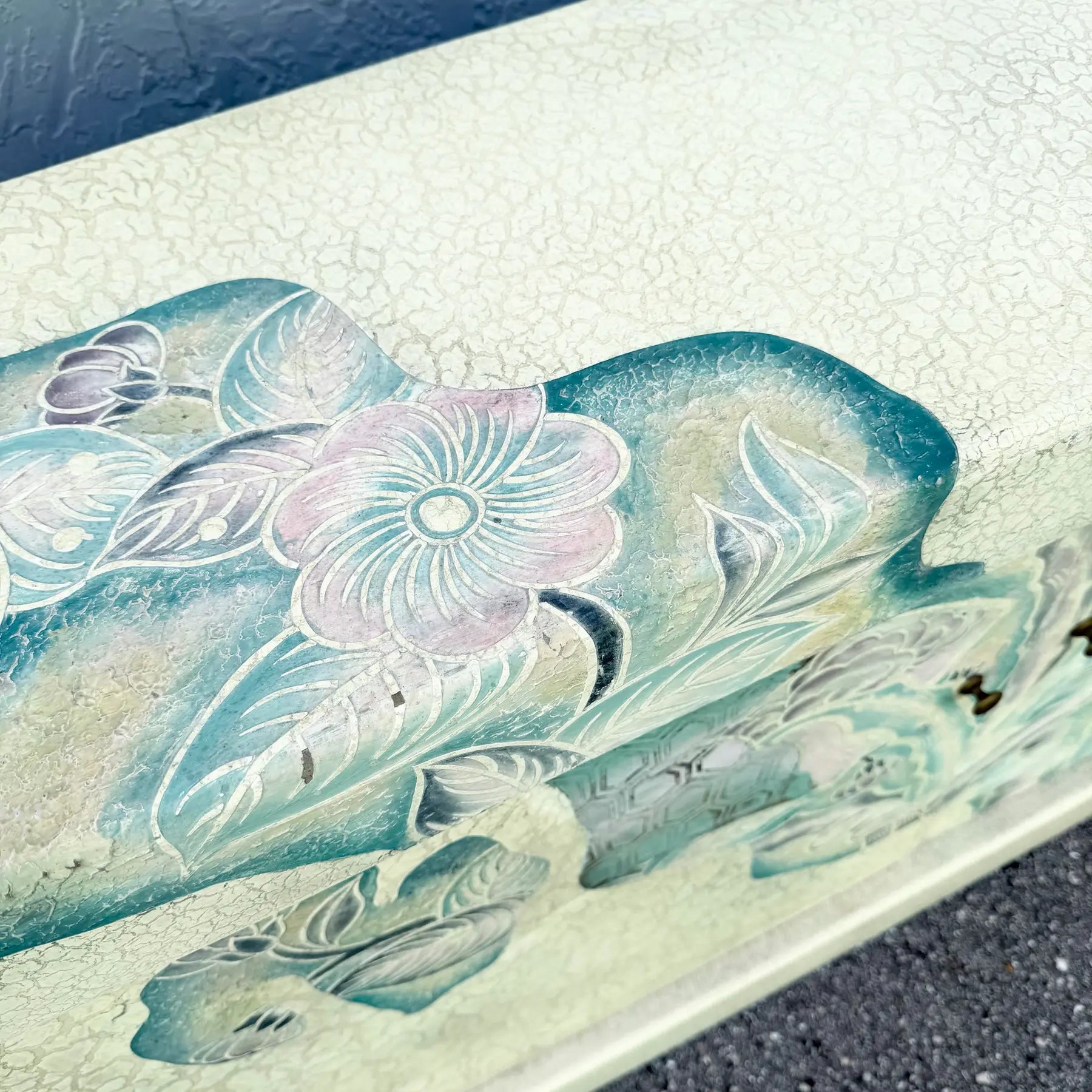 Vintage Hand Painted Crackle Finished Cream Teal and Pink Credenza Dolphin & Flamingo
