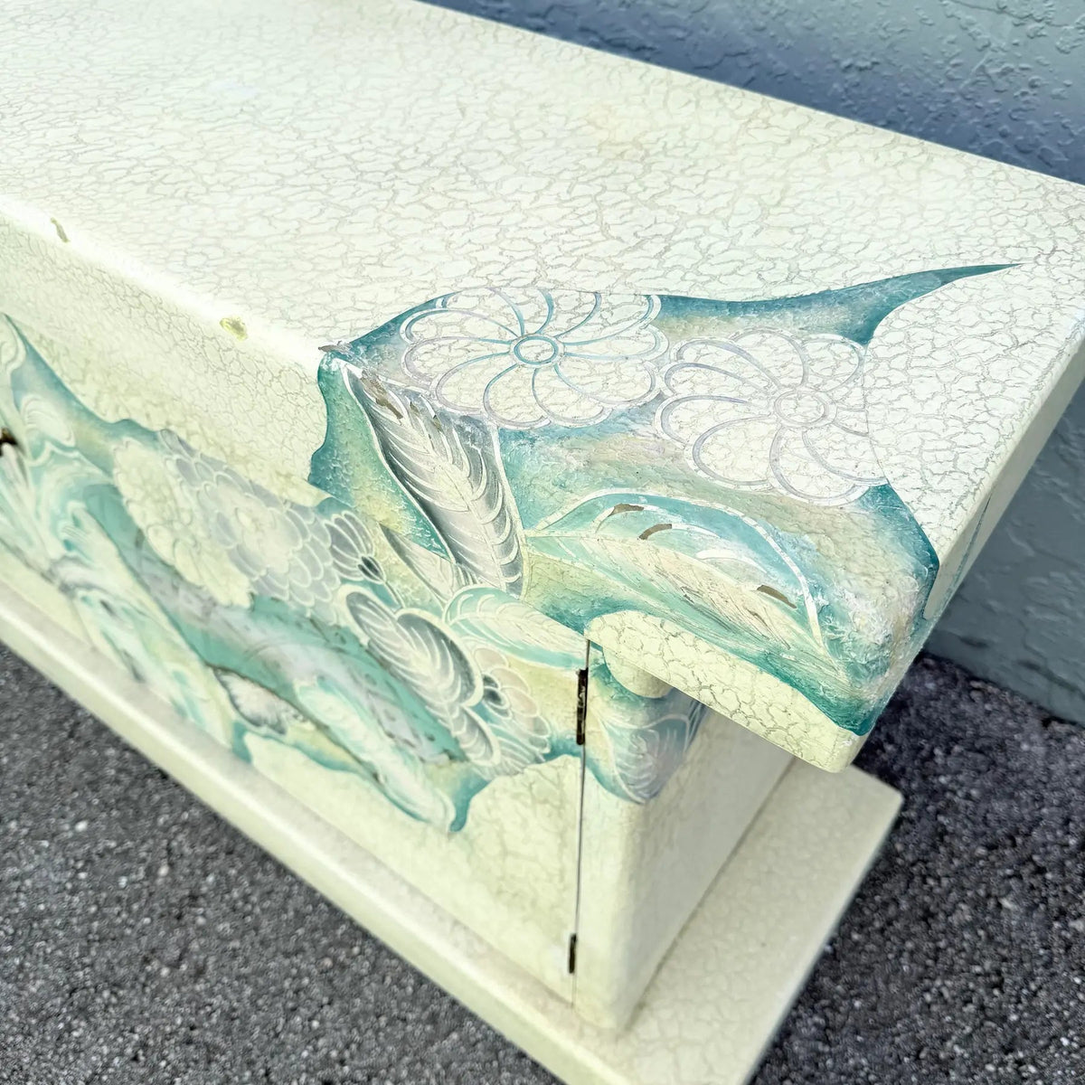 Vintage Hand Painted Crackle Finished Cream Teal and Pink Credenza Dolphin & Flamingo