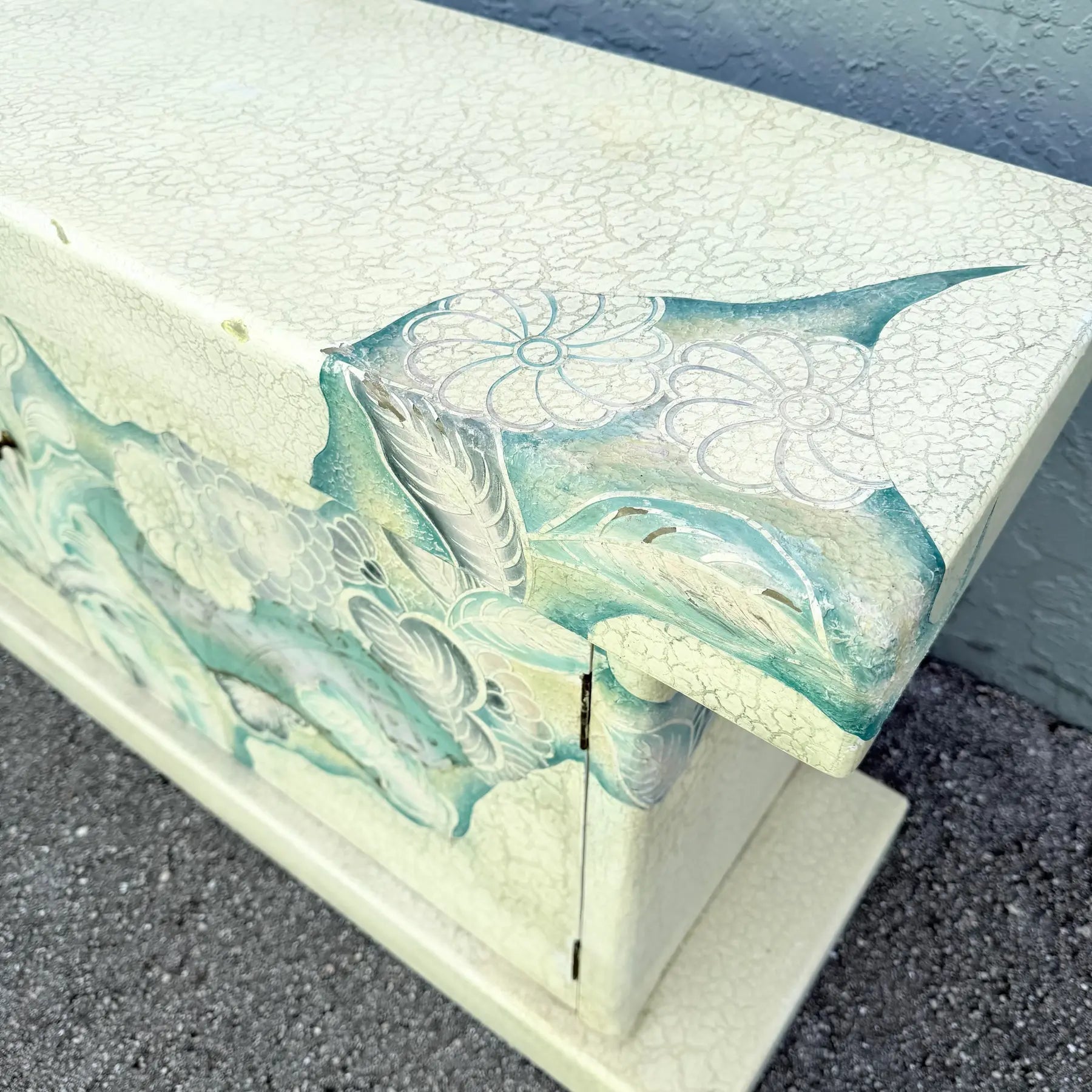 Vintage Hand Painted Crackle Finished Cream Teal and Pink Credenza Dolphin & Flamingo
