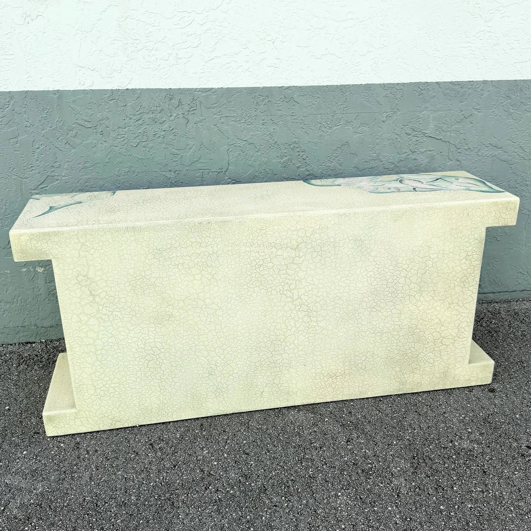 Vintage Hand Painted Crackle Finished Cream Teal and Pink Credenza Dolphin & Flamingo