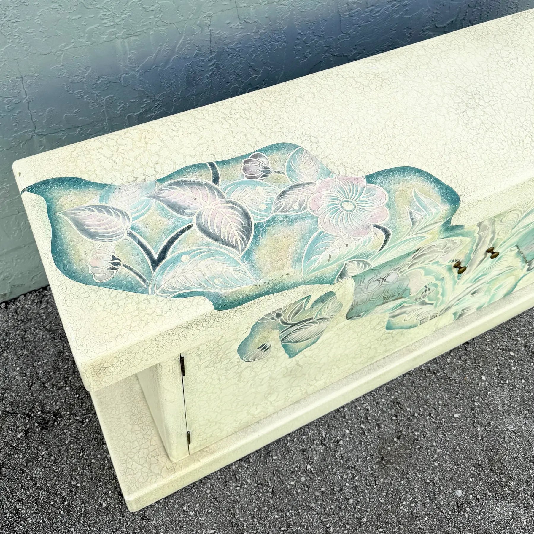Vintage Hand Painted Crackle Finished Cream Teal and Pink Credenza Dolphin & Flamingo