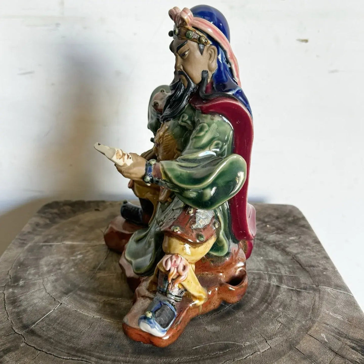 Vintage Hand Painted Guan Gong or Guan Yu Pottery Sculpture - Dolphin & Flamingo